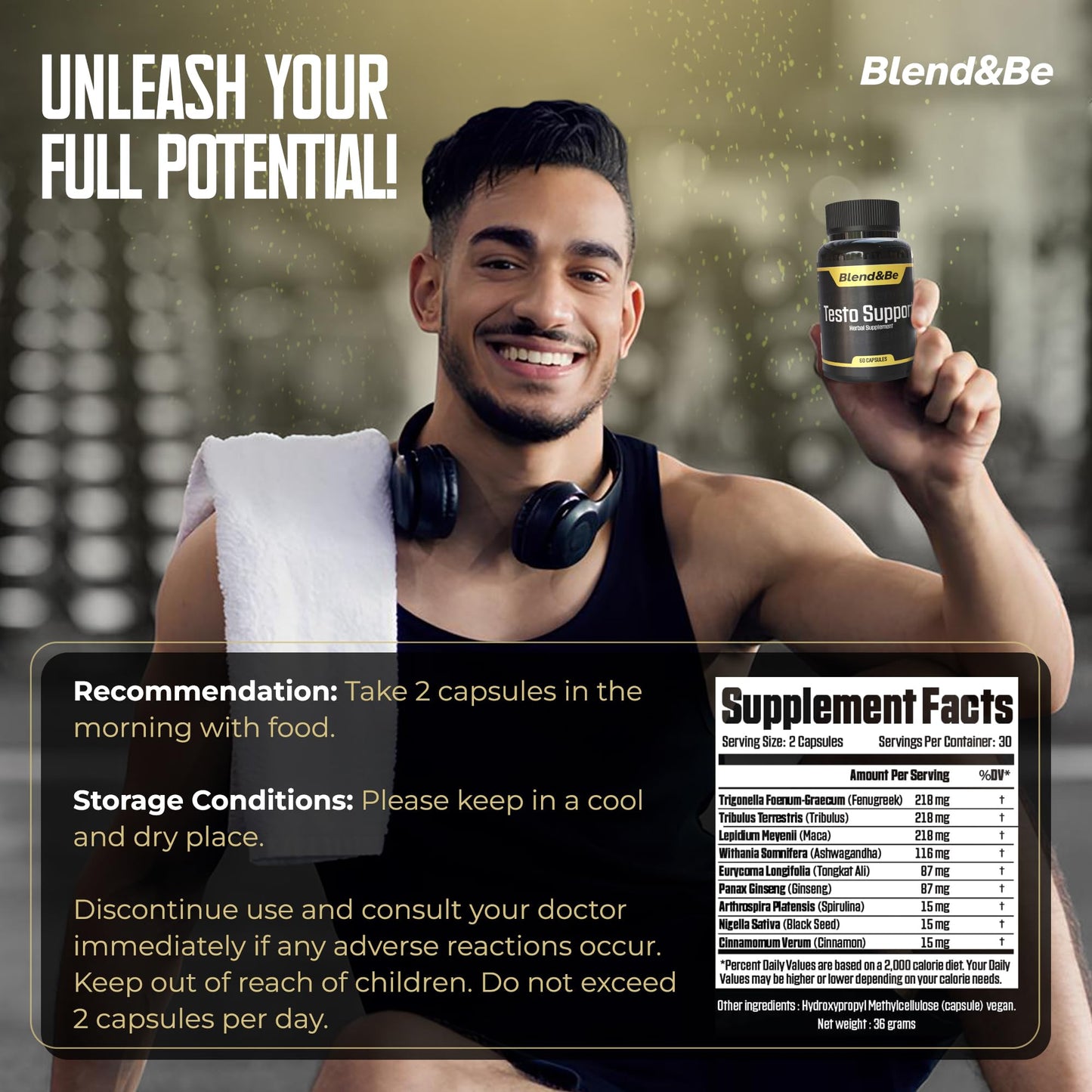 Blend&Be Testo Support | All-in-ONE Herbal Dietary Supplement | Tongkat Ali, Fenugreek, Ginseng, Maca, Ashwagandha, Spirulina Tribulus,Black Seed and Cinnamon.+ ★Free E-Book ★ - Medaid International