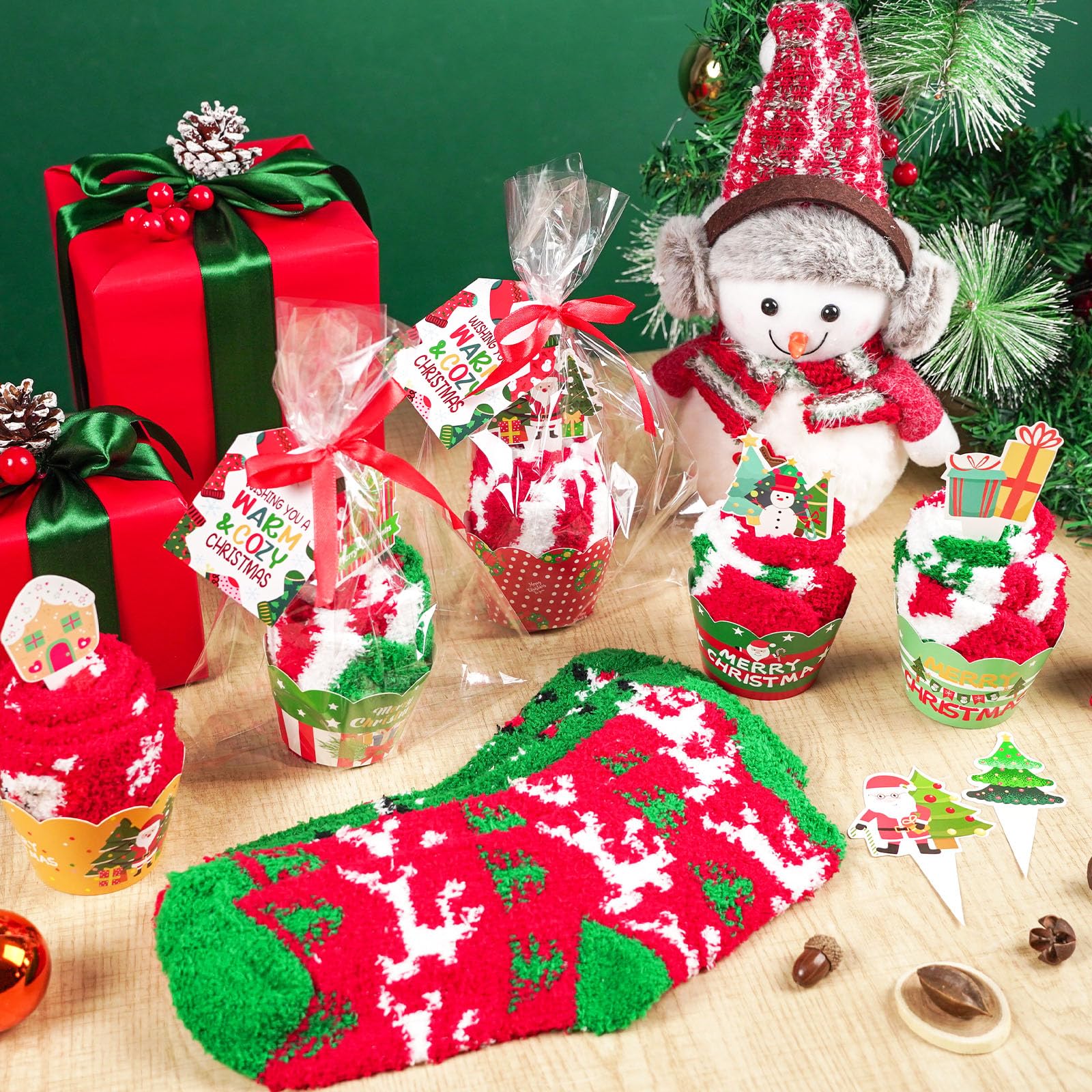 12 Pairs Christmas Fuzzy Socks Christmas Cupcake Fuzzy Socks DIY Gift Set for Women and Girls Xmas Thick Cozy Bed Sock with Greeting Cards for Adult Kids Party Home Indoor Sleeping Xmas Holiday - Medaid International
