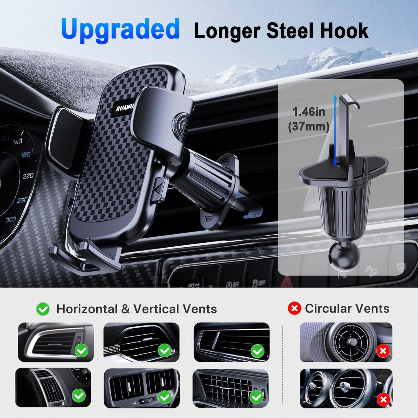 [2025 NEW] Car Phone Holder for Horizontal/Vertical Vent【Upgraded Metal Hook Clip】【Wider Clamp&Fit Thicker Case】Universal Cellphone Stand Car Mount Cradle for iPhone 17 Pro Max 16 15 14 13 Air Android - Medaid International