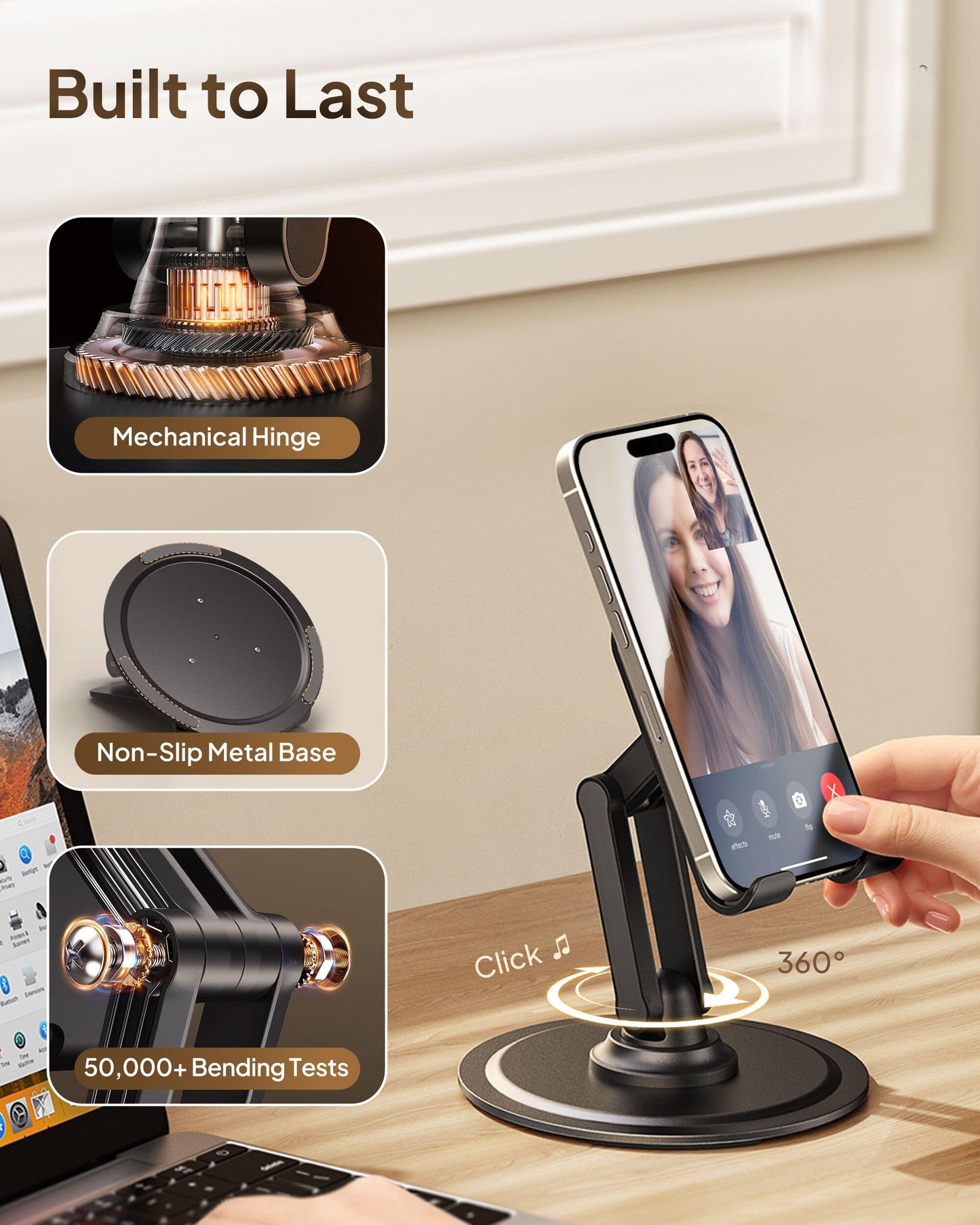 COOPER 360° Stand, Rotating Cell Phone Stand for Desk | Sturdy Metal Base, Foldable, Portable | Cell Phone Holder for Desk (Piano Black) - Medaid International