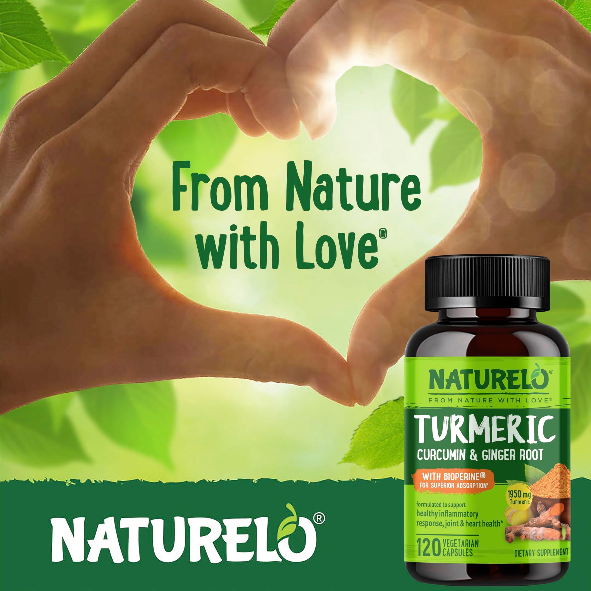 NATURELO Turmeric Curcumin - BioPerine for Better Absorption - Black Pepper, Ginger Root, Curcuminoids - Plant-Based Joint Discomfort Support - 120 Vegan Capsules - Medaid International