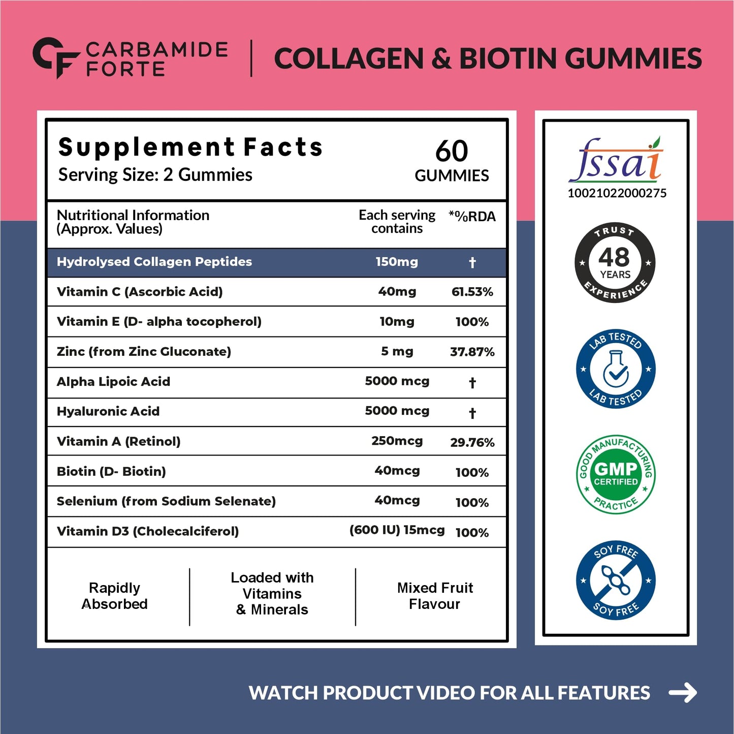 Collagen & Biotin Nutraceutical Gummies - Mixed Fruit Flavour by Carbamide Forte - Medaid International