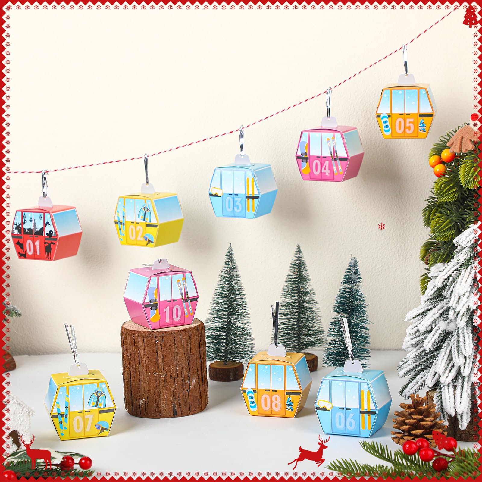 Yexiya Gondola Lift Advent Calendar for Christmas Countdown 25 Empty Advent Boxes Red White Rope and Twist Tie DIY Decoration for Xmas Holiday Hanging Decor - Medaid International
