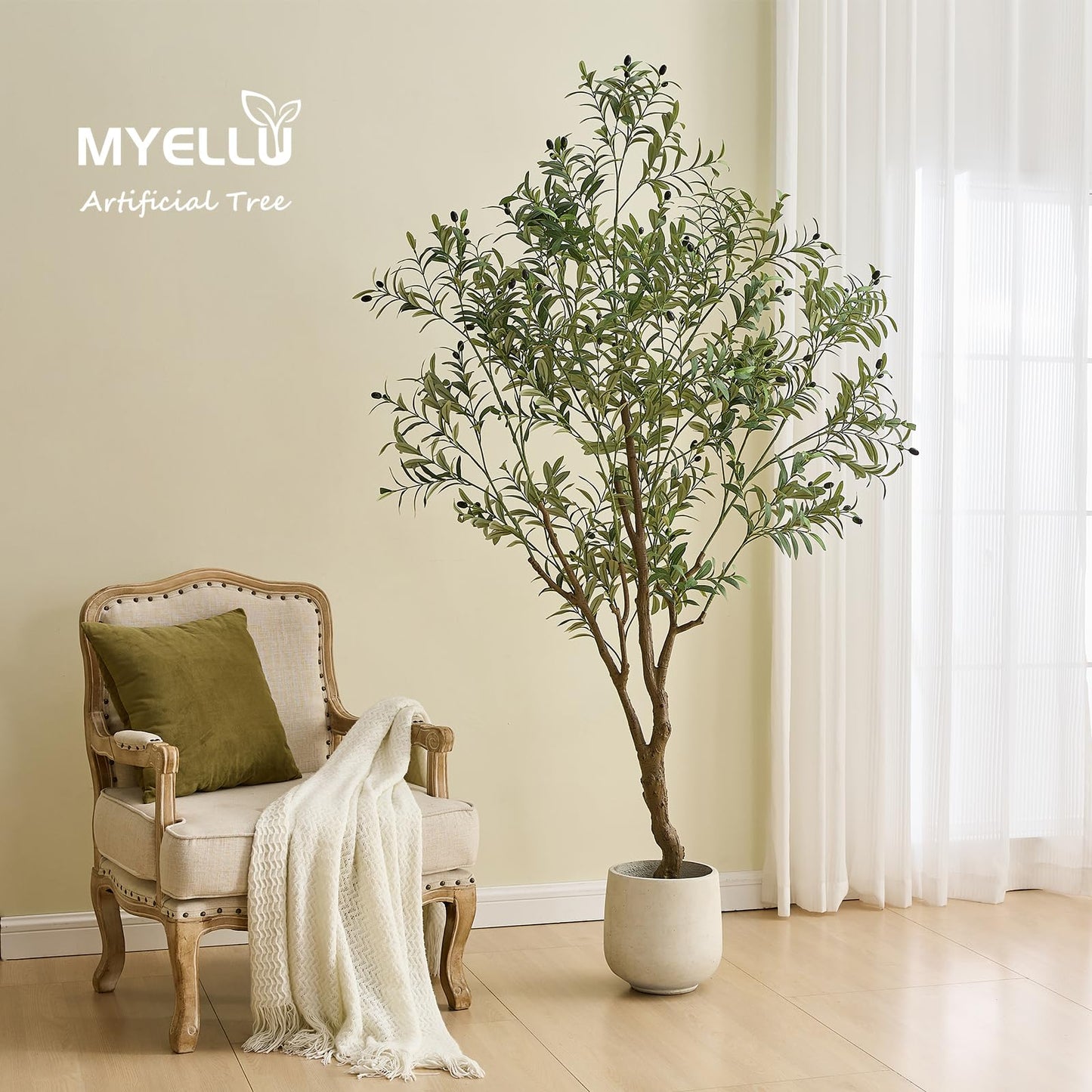 MYELLU 210 cm Olive Tree Artificial Decor - 2000 Leaves Fake Plant for Home Decor Faux Plant Indoor Artificial Olive Tree for Living Room Bedroom Office Live Streams Decorative Modern Greenery - Medaid International