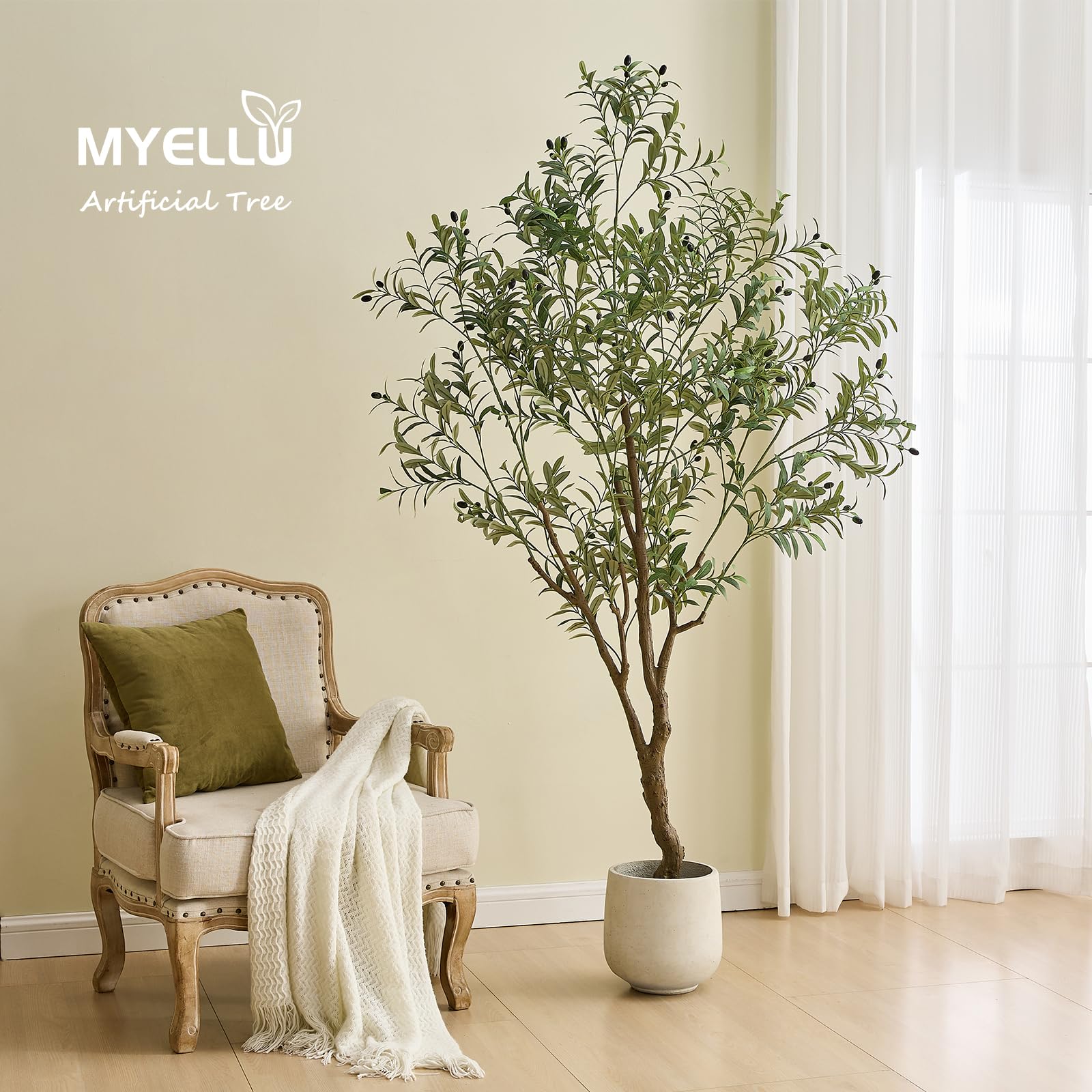 MYELLU 210 cm Olive Tree Artificial Decor - 2000 Leaves Fake Plant for Home Decor Faux Plant Indoor Artificial Olive Tree for Living Room Bedroom Office Live Streams Decorative Modern Greenery - Medaid International