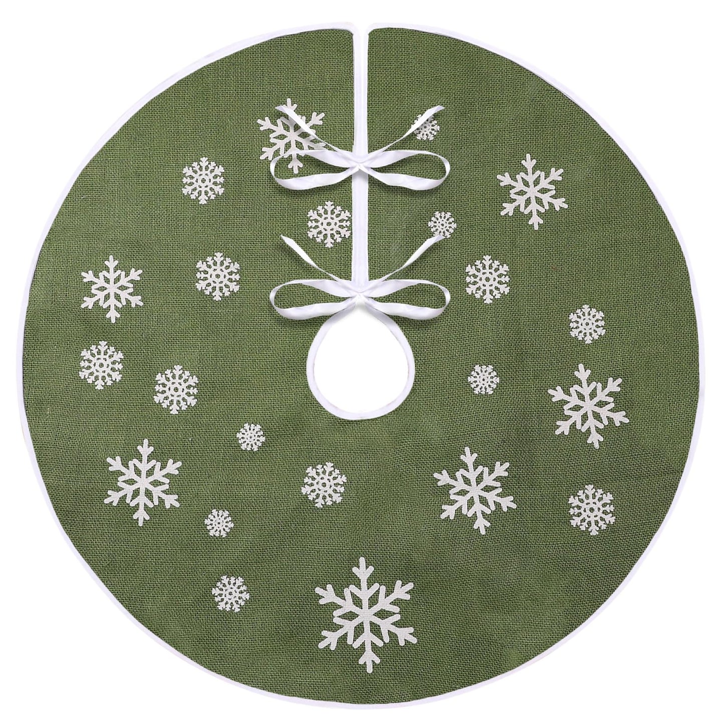 MACTING Christmas Small Tree Skirt, 30 Inch Green Burlap Tree Mat with White Snowflake Printed for 5FT Xmas Tree Farmhouse Holiday Party Indoor Home Decorations - Medaid International