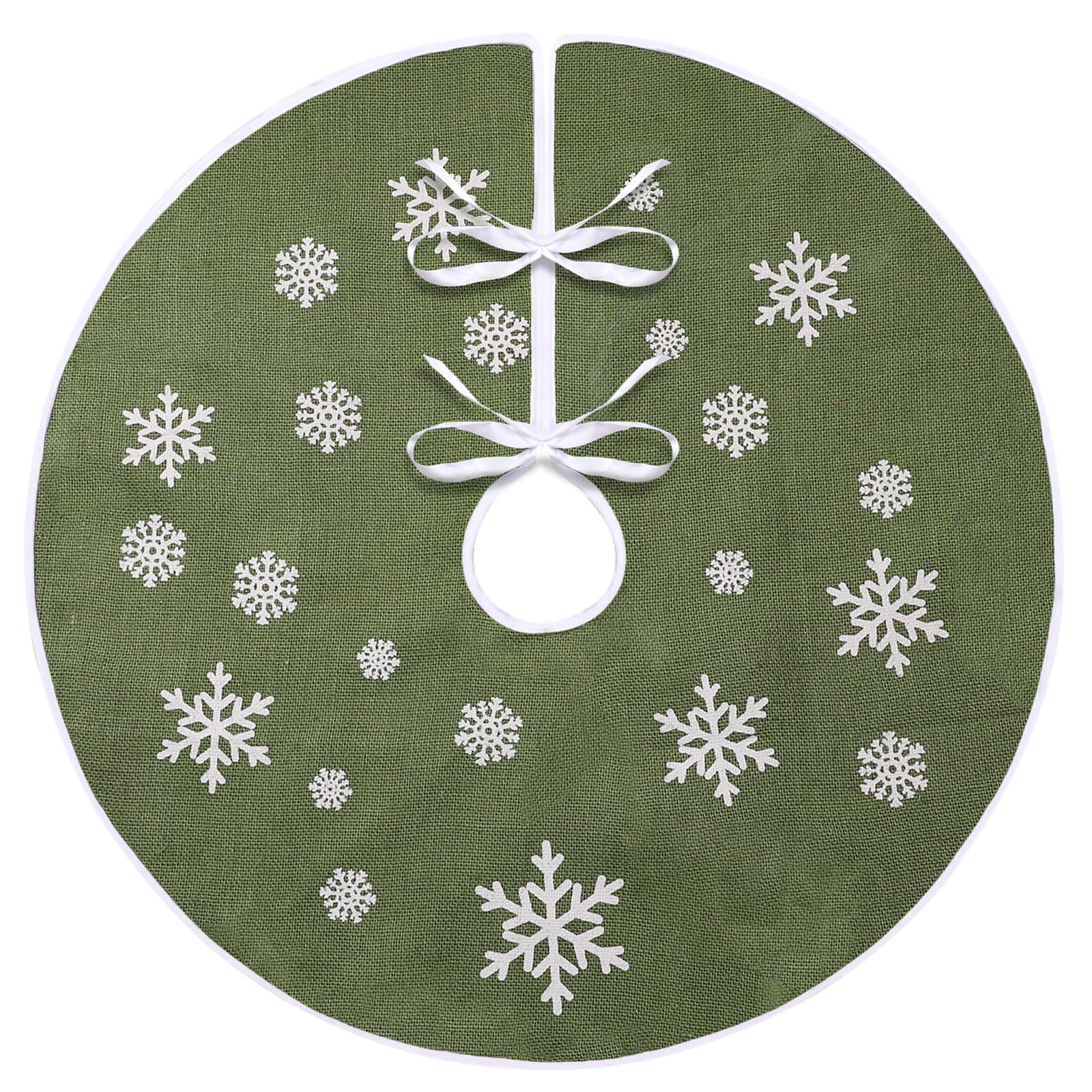 MACTING Christmas Small Tree Skirt, 30 Inch Green Burlap Tree Mat with White Snowflake Printed for 5FT Xmas Tree Farmhouse Holiday Party Indoor Home Decorations - Medaid International