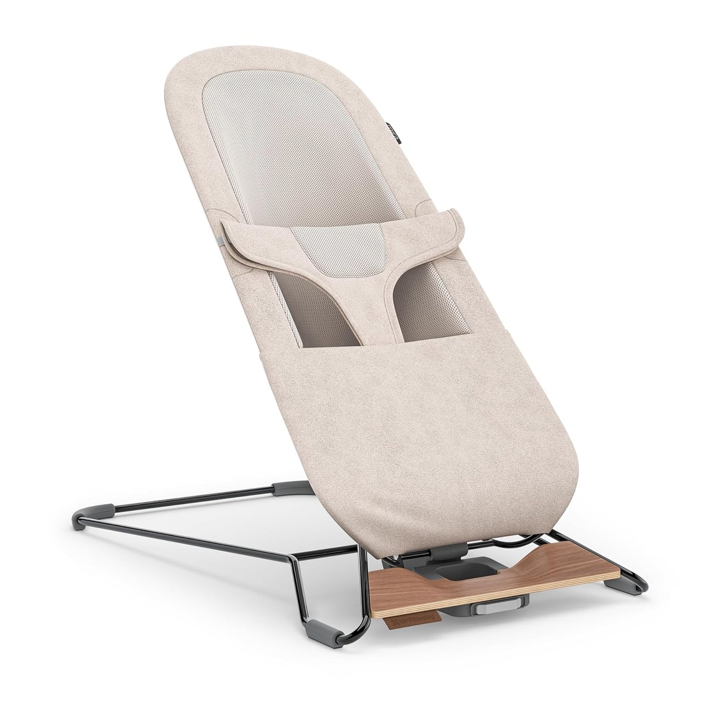 UPPAbaby Mira Bouncer/Portable 2-in-1 Bouncer + Seat Grows With Your Baby/GREENGuard® Gold, JPMA + FSC® certified/Cozy Seat Liner + Storage Bag Included/Charlie (Sand Mélange/Black Chrome/Walnut Wood) - Medaid