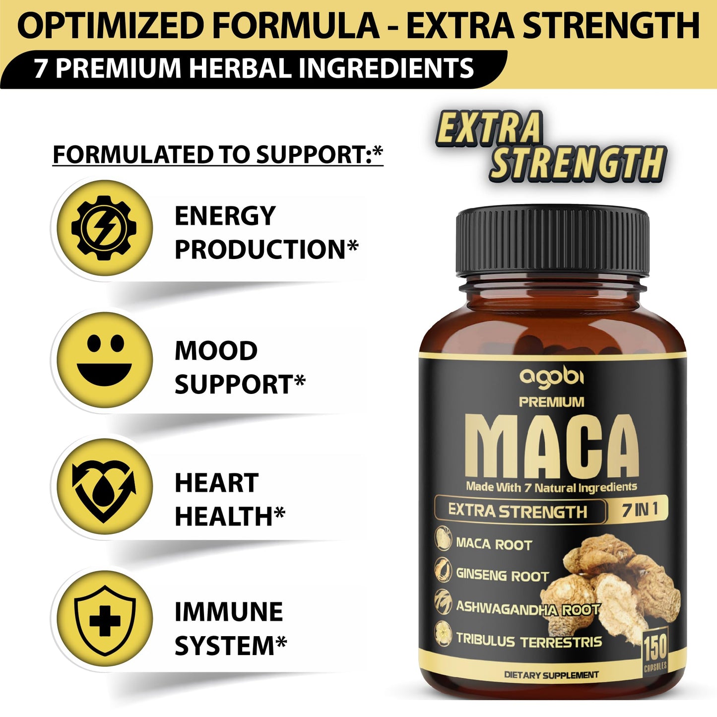 7in1 Premium Maca Root Capsules - with Ashwagandha, Ginseng, Tribulus, Shilajit, Shatavari & Black Pepper - Natural Energy, Performance & Mood Support - 150 Counts for 5 Months - Medaid International