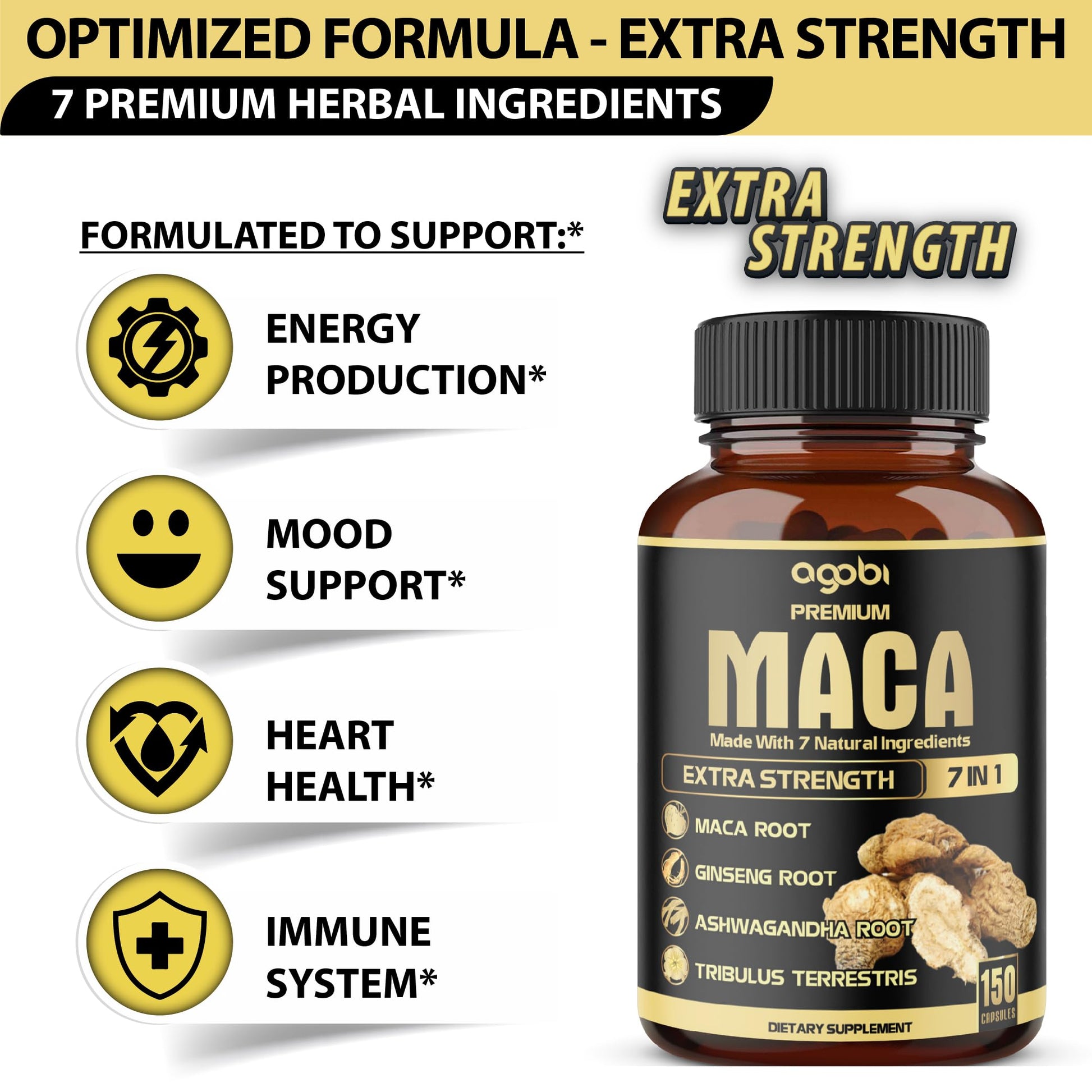 7in1 Premium Maca Root Capsules - with Ashwagandha, Ginseng, Tribulus, Shilajit, Shatavari & Black Pepper - Natural Energy, Performance & Mood Support - 150 Counts for 5 Months - Medaid International