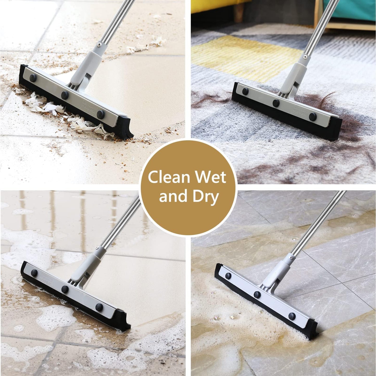 DrDirt Floor Squeegee, 14-Inch Swivel Squeegee Head, Replaceable Foam Rubber Blade, 3-Section Stainless Steel Pole, for Bathroom, Kitchen, Pet Hair, and Carpet - Medaid International