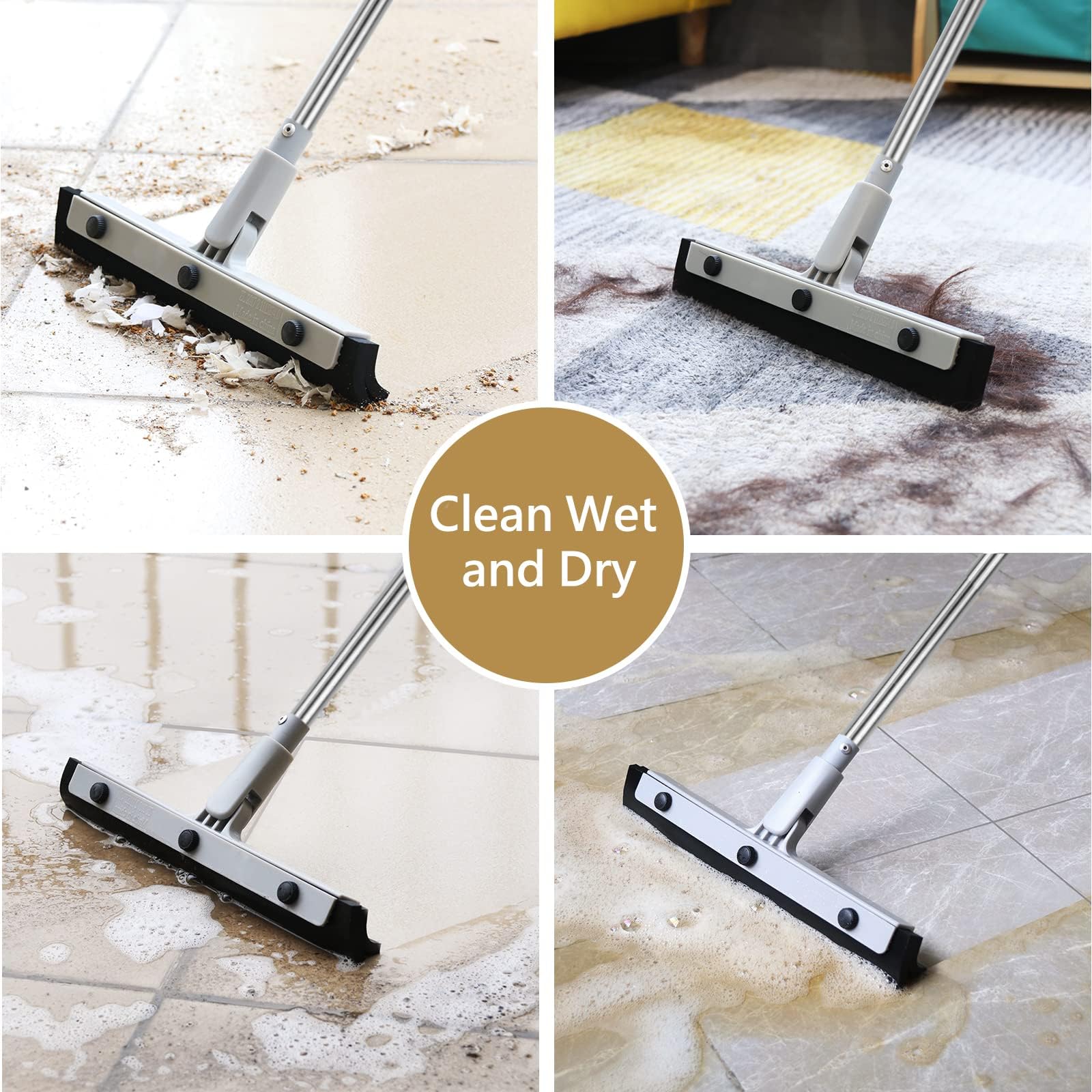 DrDirt Floor Squeegee, 14-Inch Swivel Squeegee Head, Replaceable Foam Rubber Blade, 3-Section Stainless Steel Pole, for Bathroom, Kitchen, Pet Hair, and Carpet - Medaid International