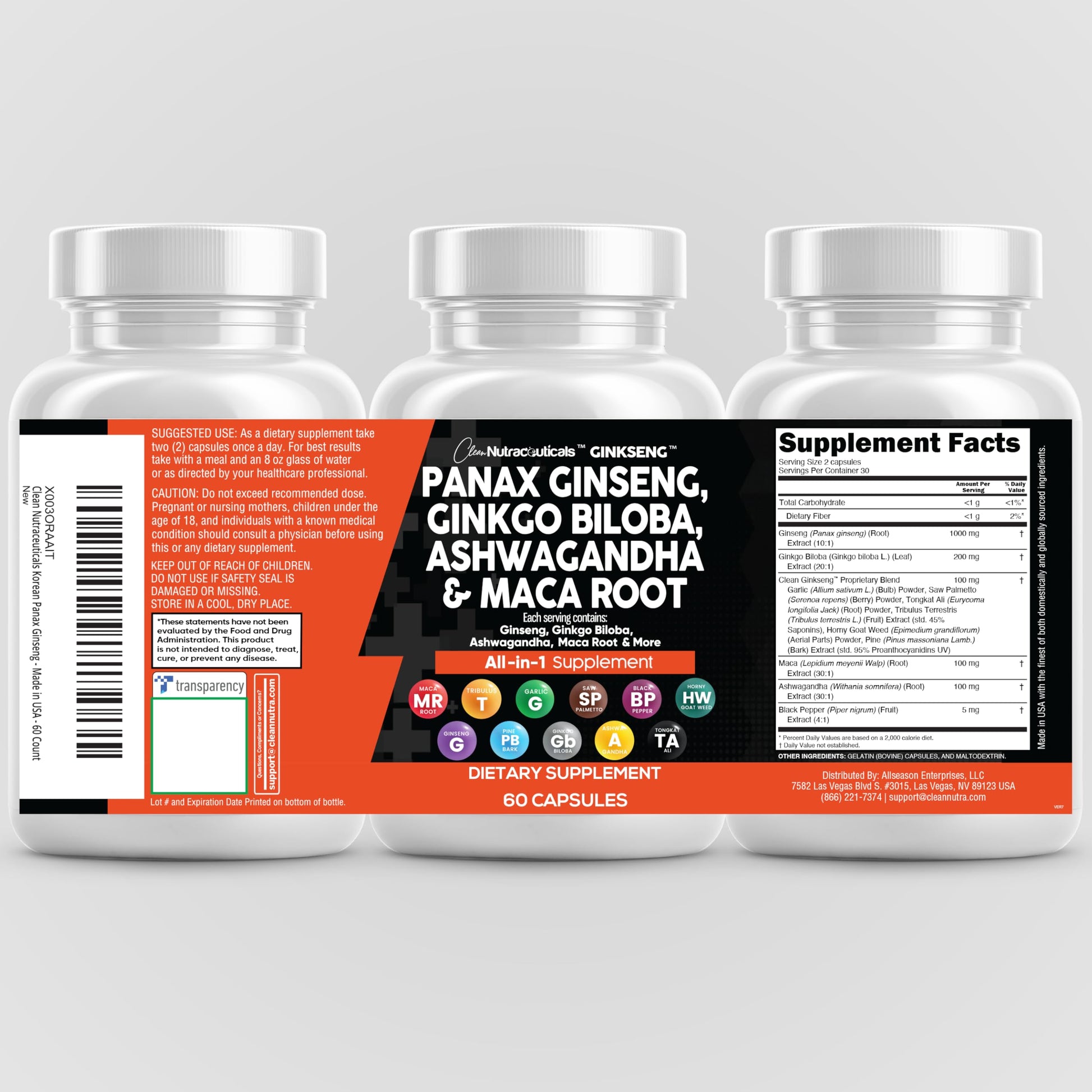 Clean Nutraceuticals Panax Ginseng Ginkgo Biloba Ashwagandha Maca Root - Focus Supplement Pills for Women and Men with Pine Bark Extract, Garlic, and Saw Palmetto - 60 Caps - Medaid International