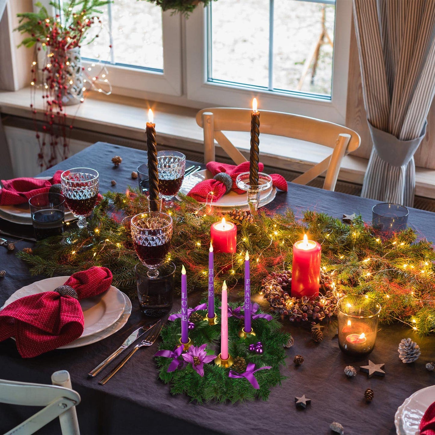 Kathfly 5 Pcs Christmas Advent Wreath with 4 Flameless Candles Holder with Hope Peace Love Joy Candle Christmas Centerpiece Decorations Pine Cones Bowknot for Xmas Advent Holiday Party (Purple) - Medaid International