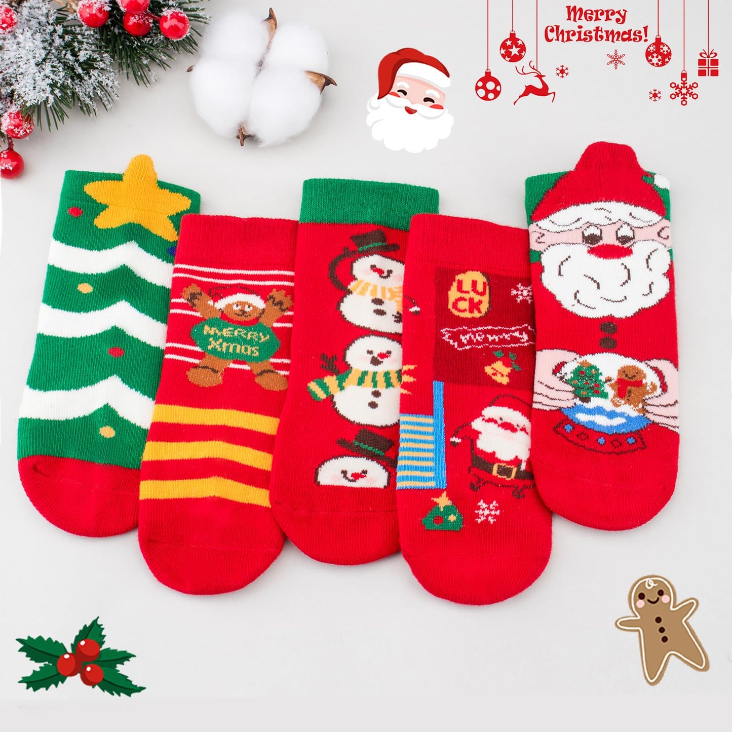 Meeshine Toddler Kids Christmas Socks Baby No Slip Grip Socks Xmas Holiday Cotton Ankle Socks Boys Girls 1-8T - Medaid International