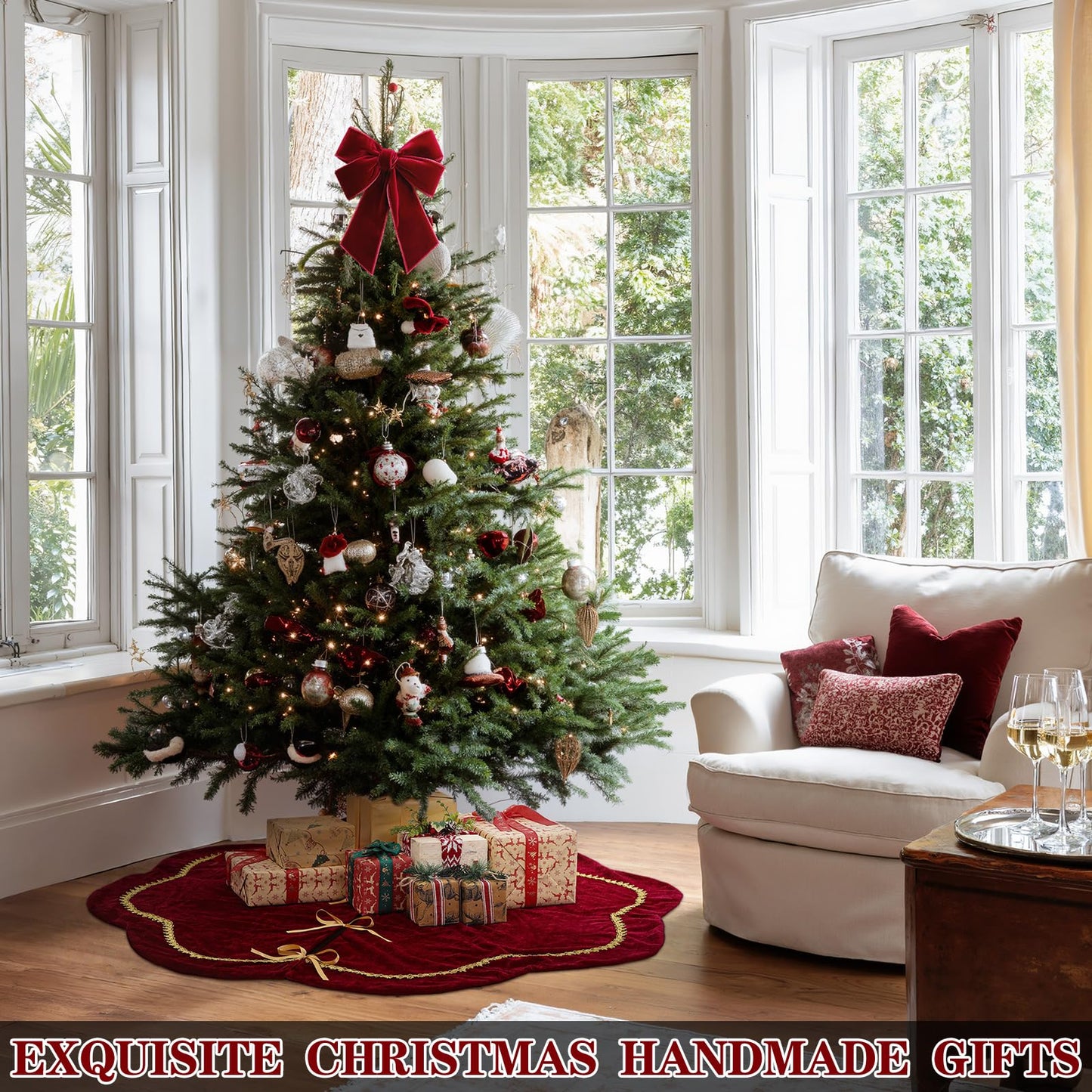 Arrowbash Christmas Tree Skirt 48 Inch Red Velvet Fur Scallop Tree Skirt Sparking Gold Lace Trim for Party Rustic Xmas Holiday Decorations All Year - Medaid International