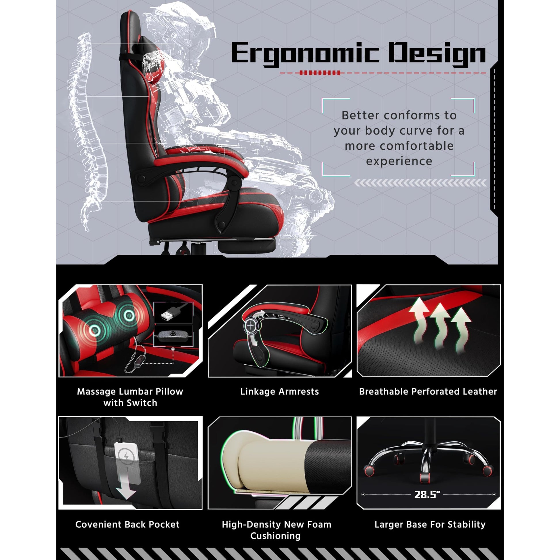 Yaheetech Gaming Chair, Video Game Chair with Massage Lumbar Support and Footrest Height Adjustable Ergonomic Computer Chair with Swivel Seat and Headrest, Black/Red - Medaid International