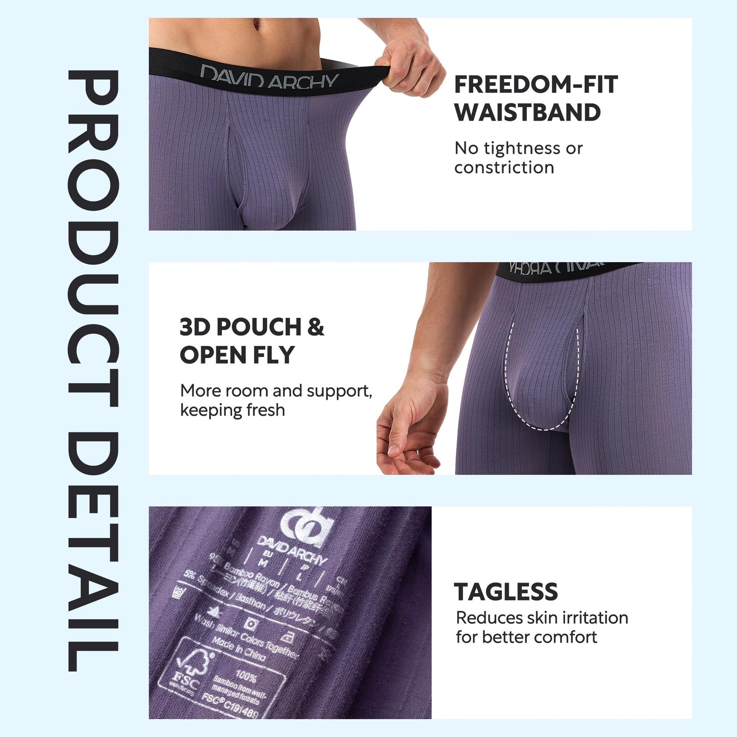 DAVID ARCHY Men's Underwear Breathable Rayon Made from Bamboo Boxer Briefs for Men 4 Pack with Fly M 6.5'' Deep Blue/Olive Green/Black/Deep Grape Purple - Medaid International