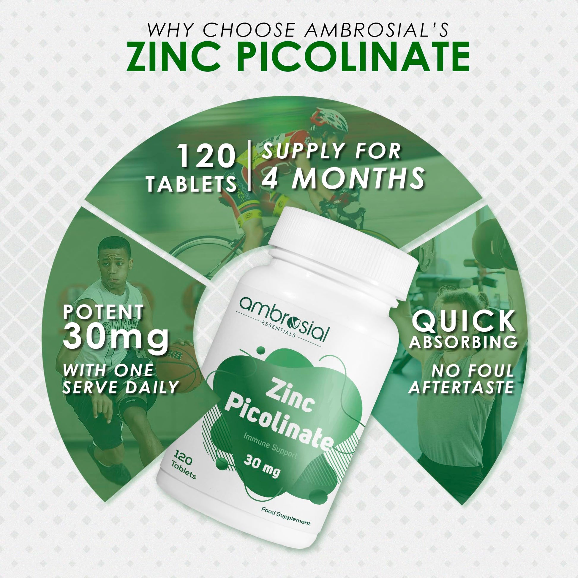 Ambrosial Zinc Picolinate 30mg Tablets Pack of 1-120 Tablets - Medaid International