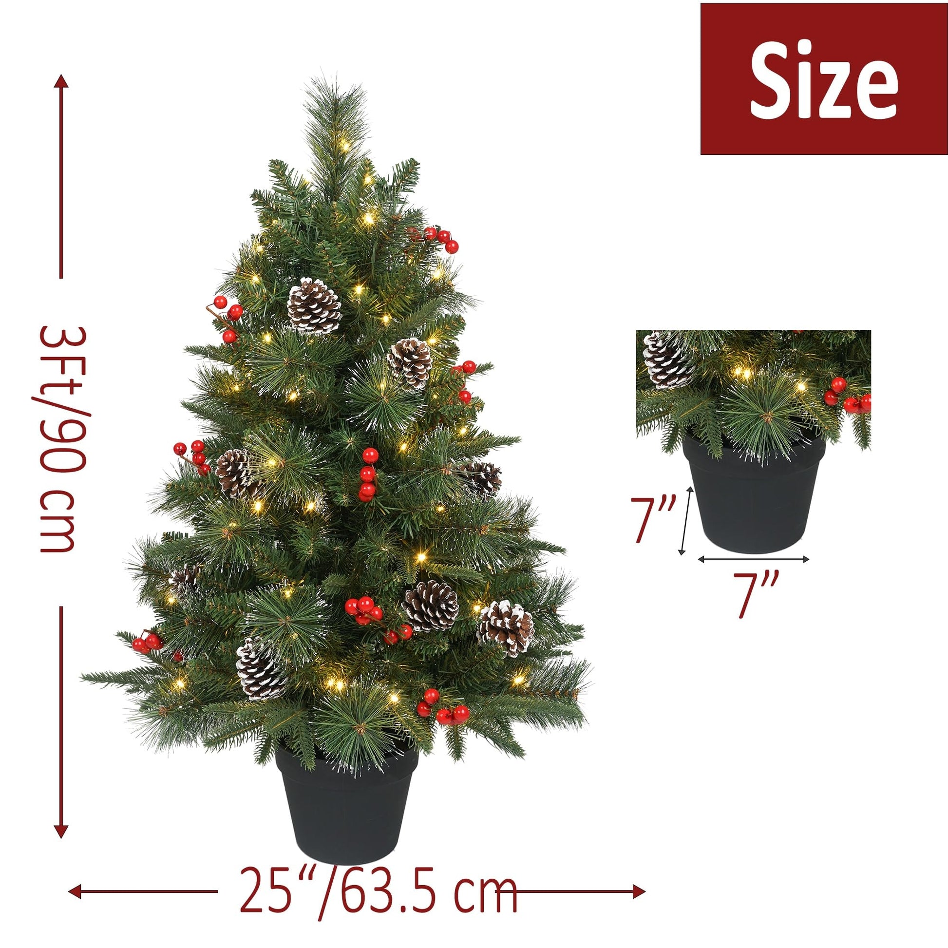 3Ft Pre-Lit Artificial Christmas Tree Tabletop with Battery Operated 70 Warm LED Red Berries Pine Cone Pine Needle, Greenery Potted Christmas Tree for Indoor, Porch, Outdoor - Medaid International