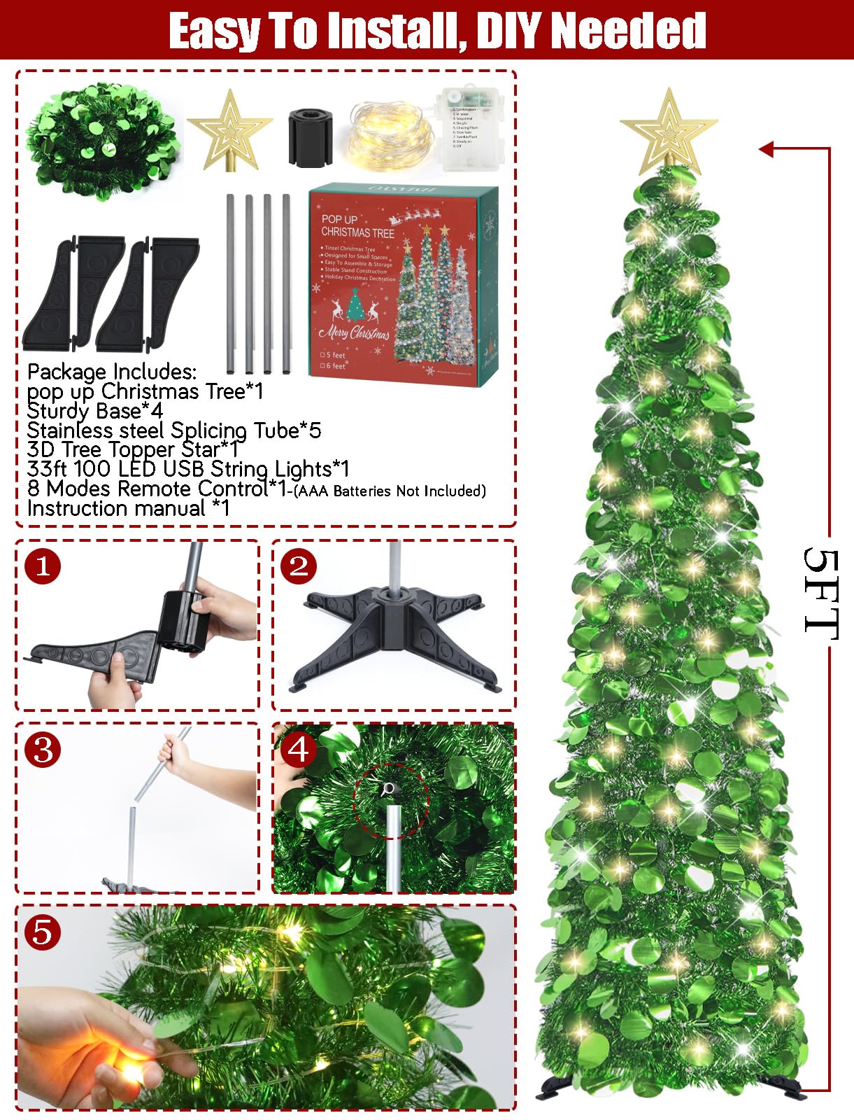 HMASYO 5 FT Pop Up Christmas Tree with Timer Lights, Green Christmas Tinsel Tree, Collapsible Artificial Pencil Christmas Tree for Indoor Home Apartment Porch Holiday Party Decorations - Medaid International