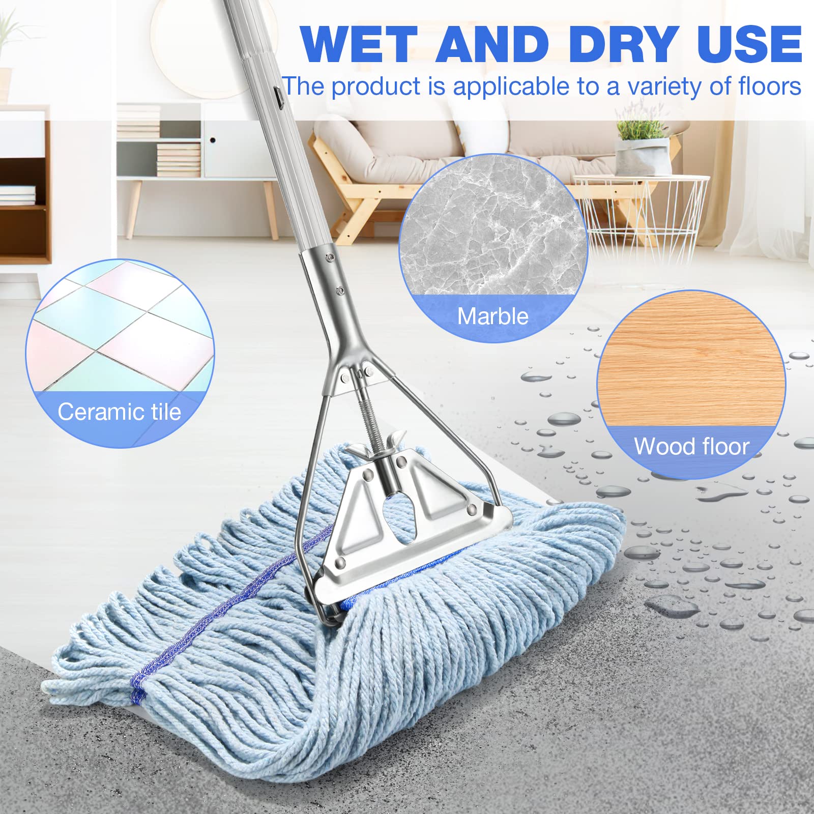 String Mop Heavy Duty for Floor Cleaning- Industrial Commercial Wet Mop with 59inch Mop Handle for Home Garage Office Workshop Warehouse Floor Cleaning - Medaid International