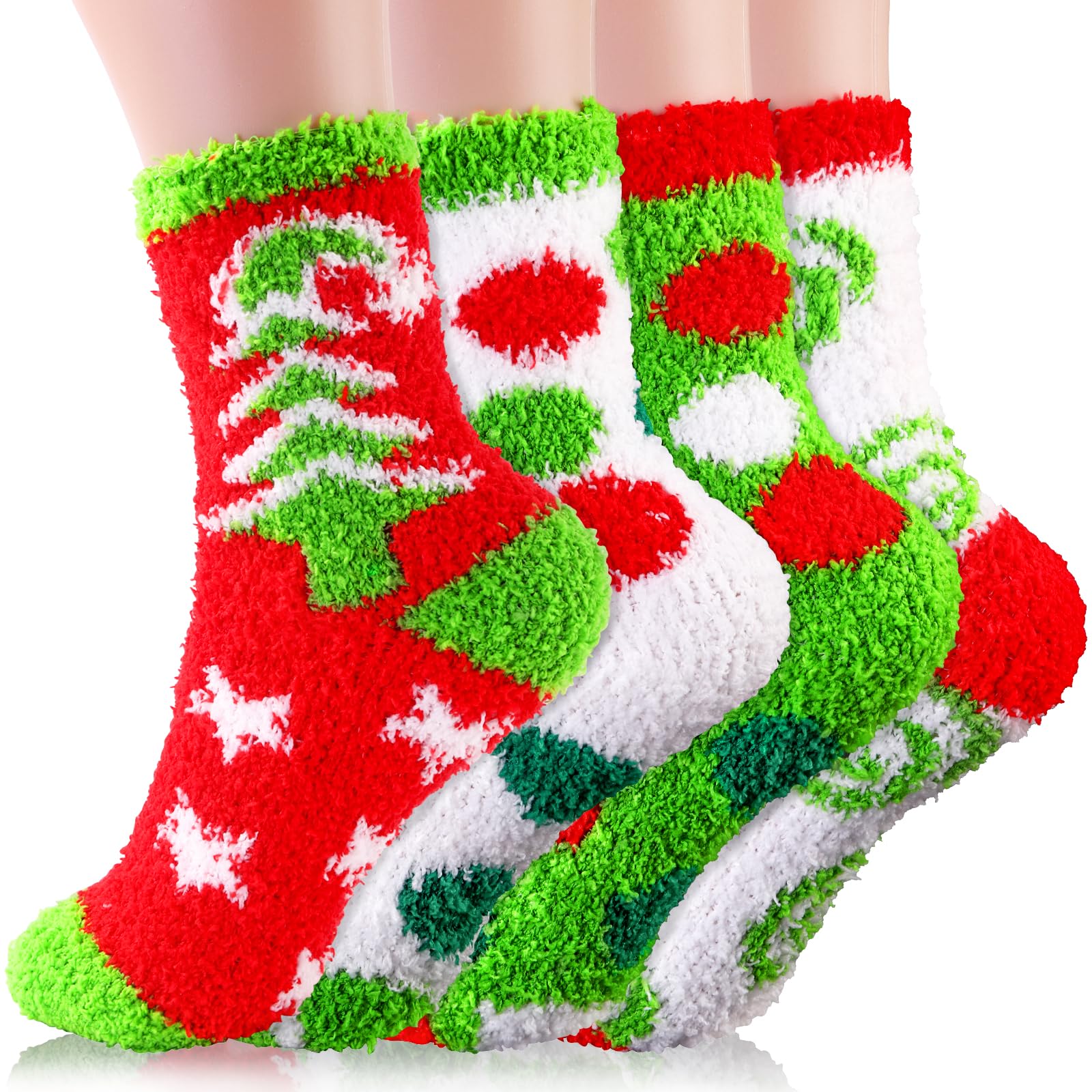 Vellibring 4 Pairs Christmas Fluffy Socks for Women Men,Cozy Fuzzy Xmas Tree Green Socks Cartoon Winter Warm Supplies for Christmas Festival Party - Medaid International