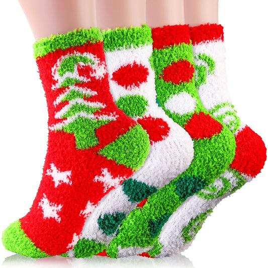 Vellibring 4 Pairs Christmas Fluffy Socks for Women Men,Cozy Fuzzy Xmas Tree Green Socks Cartoon Winter Warm Supplies for Christmas Festival Party - Medaid International