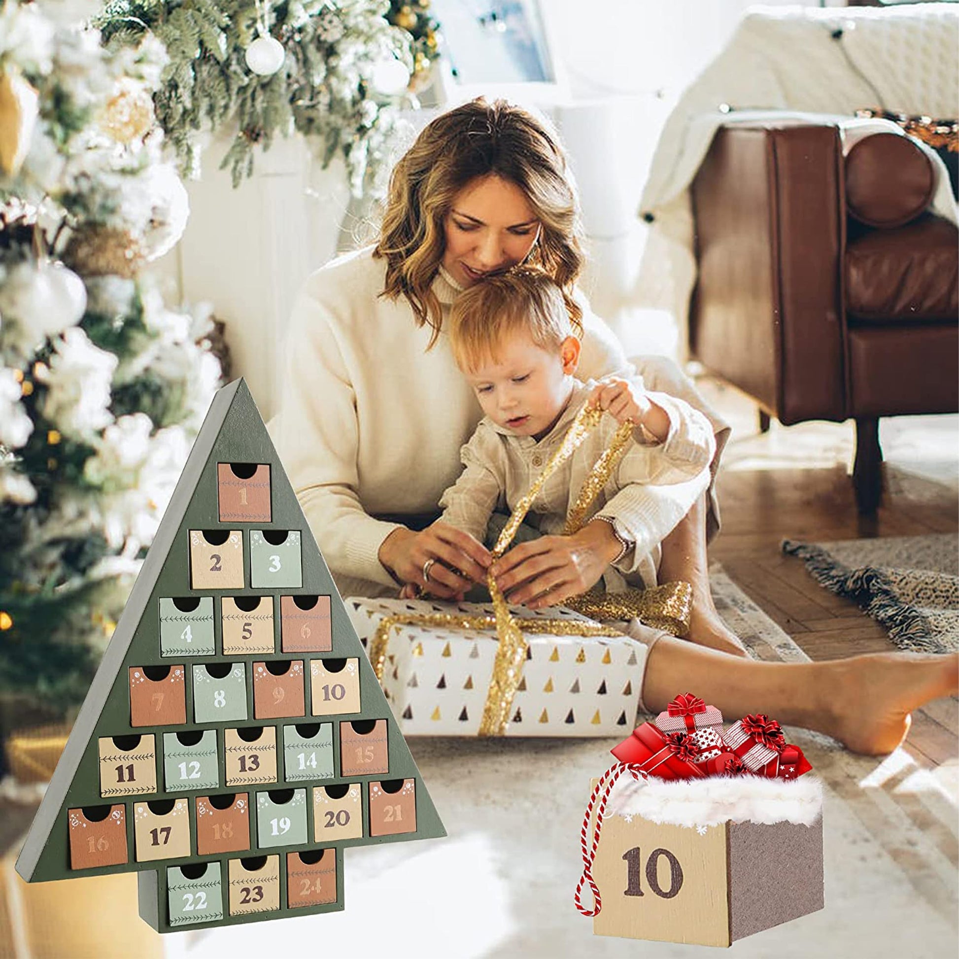 JOEJET Wooden Advent Calendar 2025, 24 Days Countdown to Christmas Calendar with Storage Drawers, DIY Tree Shape Refillable Wooden Advent Xmas Countdown Calendar - Medaid International