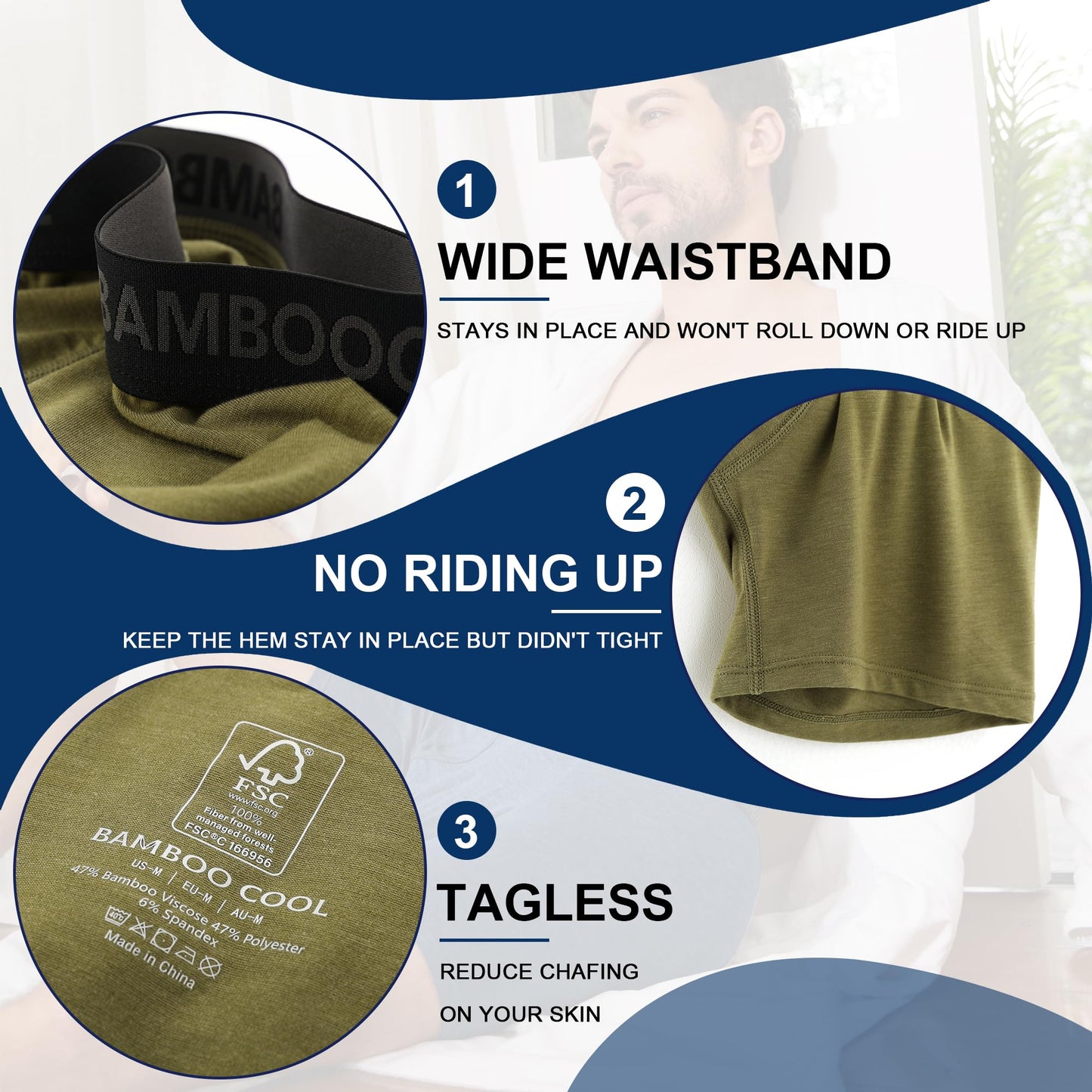 BAMBOO COOL Men's Underwear Breathable Boxer Briefs with Fly Moisture-Wicking Lightweight Underwear - Medaid International