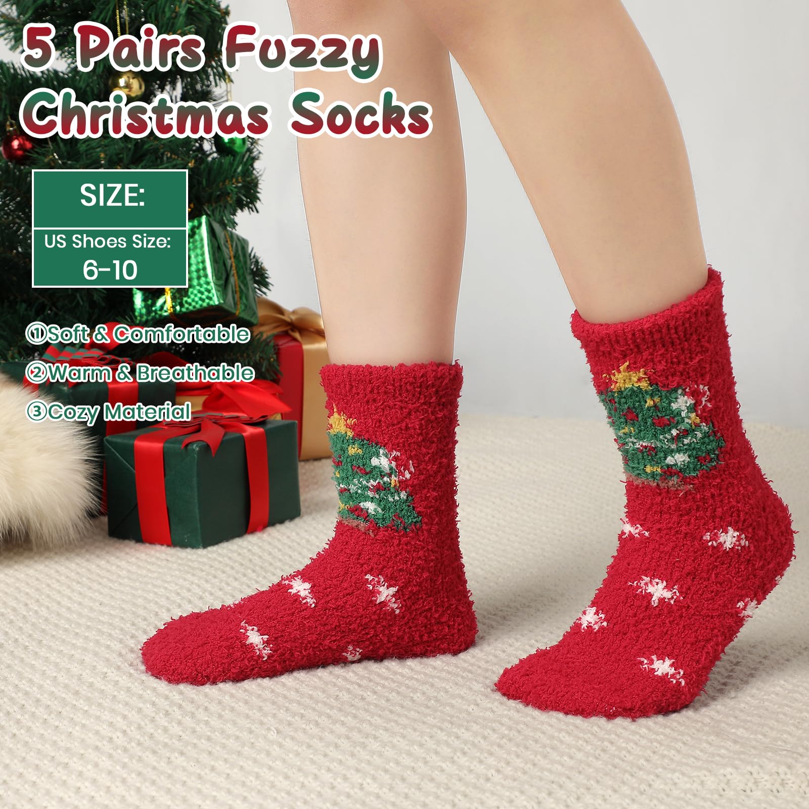 Tavaleu Fuzzy Socks for Women, Cozy Socks Women Warm Fluffy Winter Slipper Christmas Sock for Womens Home Sleeping Sock, 5 Pack Xmas A - Medaid International