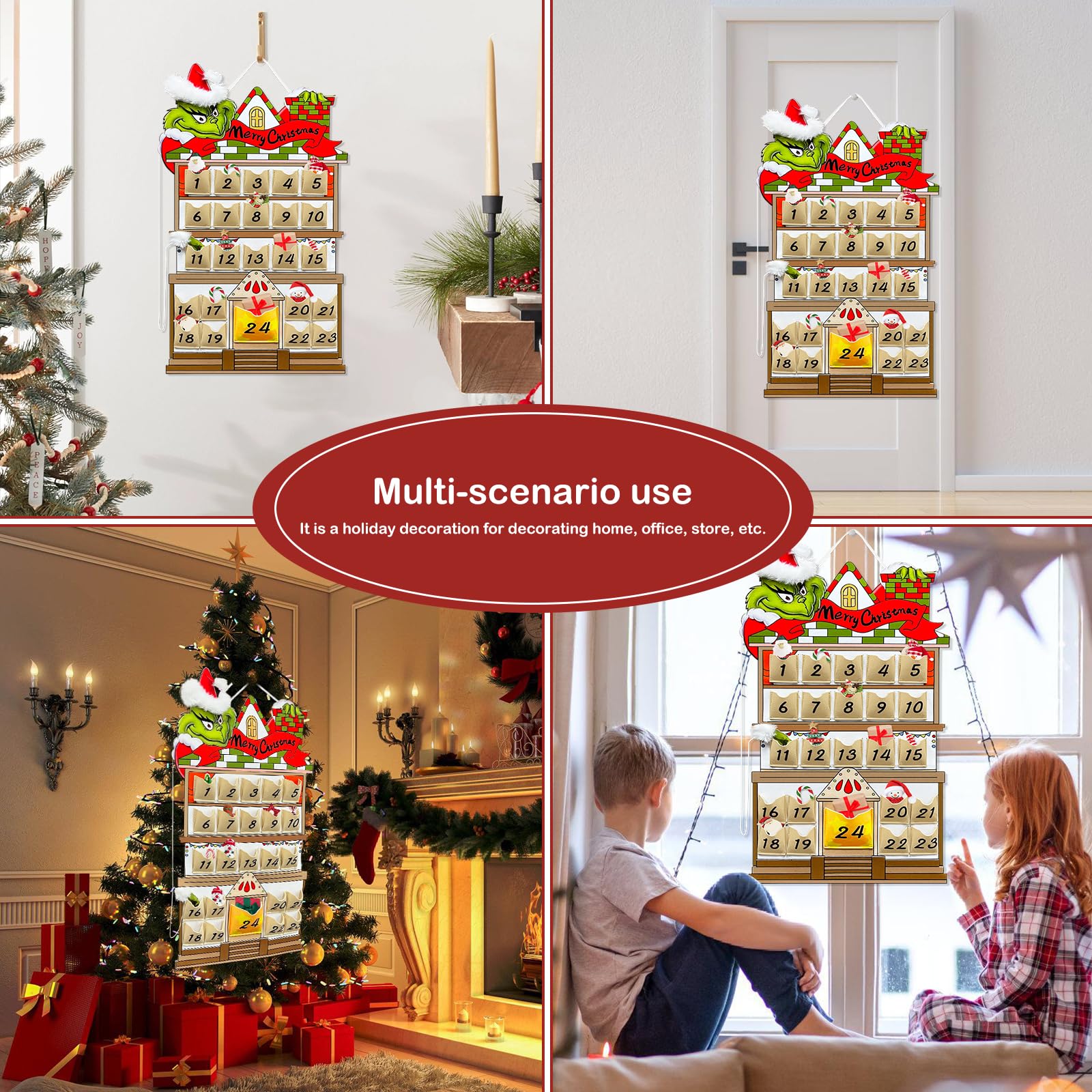 KOUPA Hanging Christmas Countdown Advent Calendar, Santa Grinch Green Haired Monster Decoration, Reusable Xmas Gift for Holiday Party Winter - Medaid International