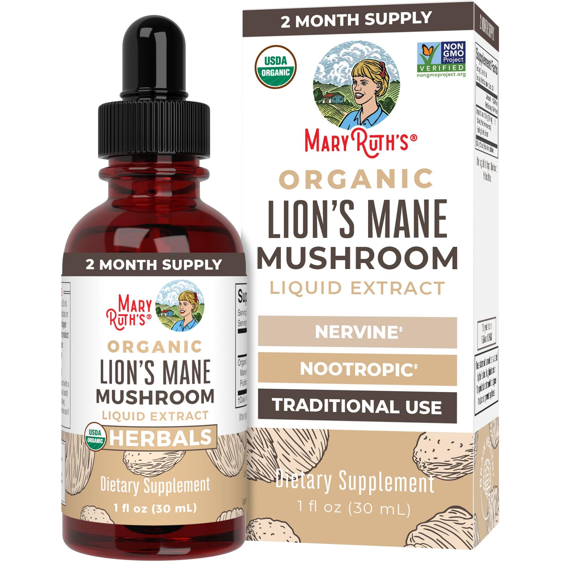 MaryRuth Organics Lions Mane Mushroom Supplement, Up to 1 Month Supply, Nootropic USDA Organic Lions Mane Extract Nervine Herbal Liquid Drops, Brain Health Non-GMO Vegan Alcohol Free Tincture, 1 Fl Oz - Medaid International