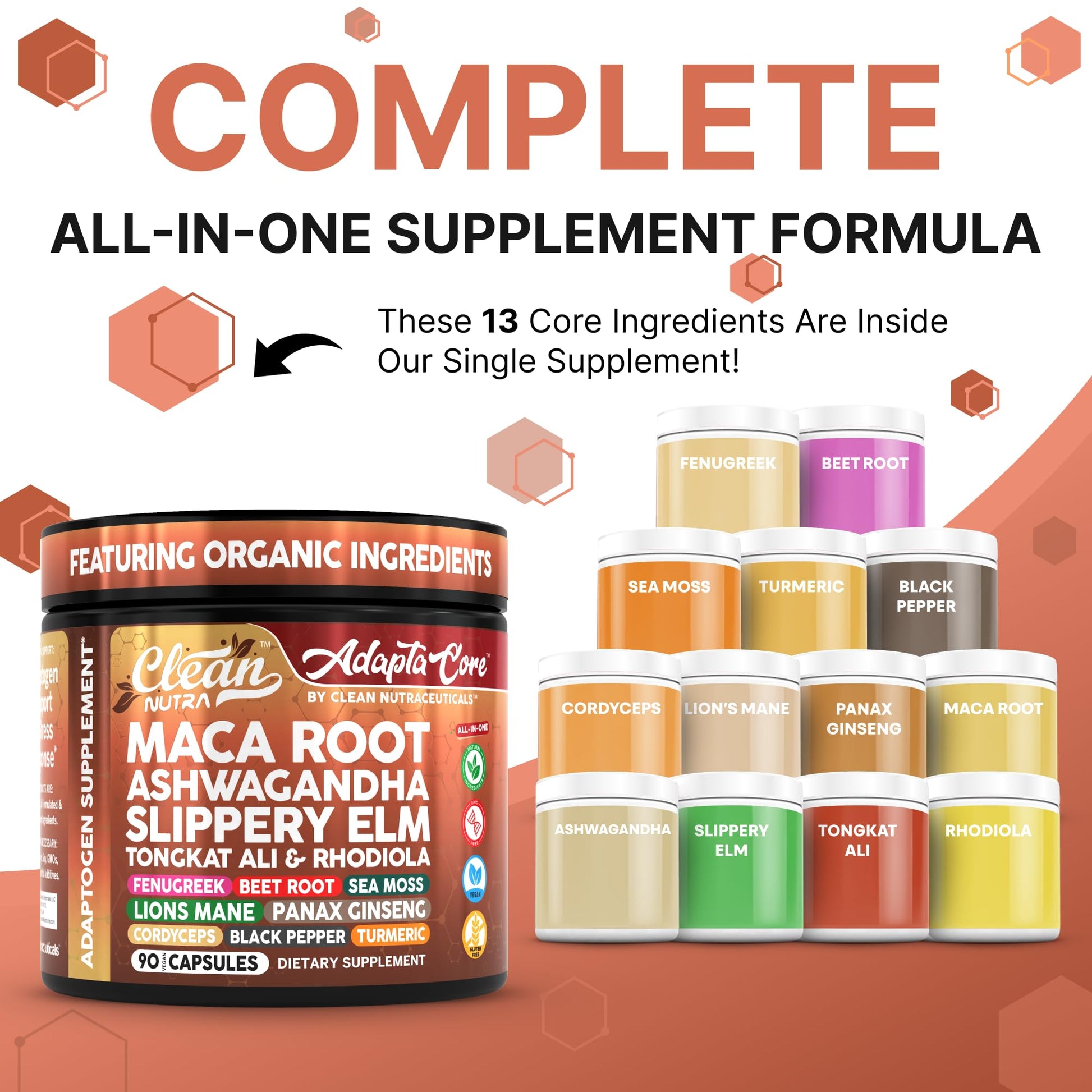 Adapta Core Adaptogens Supplements | Maca Root Ashwagandha Slippery Elm Tongkat Ali Rhodiola Rosea Fenugreek Beetroot Sea Moss Ginseng Pepper Mushrooms Horny Goat Weed 90 Capsules by Clean Nutra - Medaid International