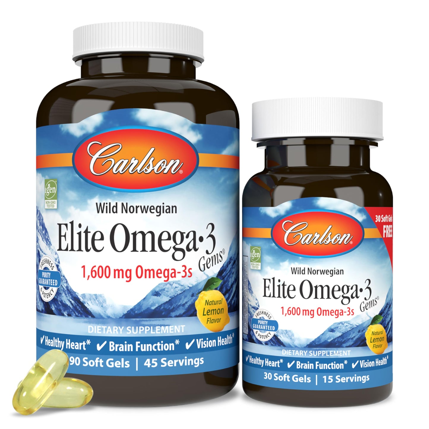 Carlson Elite Omega-3 Gems 1600 mg Omega 3 Fatty Acids Including EPA & DHA - Norwegian, Wild-Caught Sustainably Sourced Fish Oil Supplement, Omega 3 Fish Oil Capsules Lemon - 90+30 Softgels - Medaid International