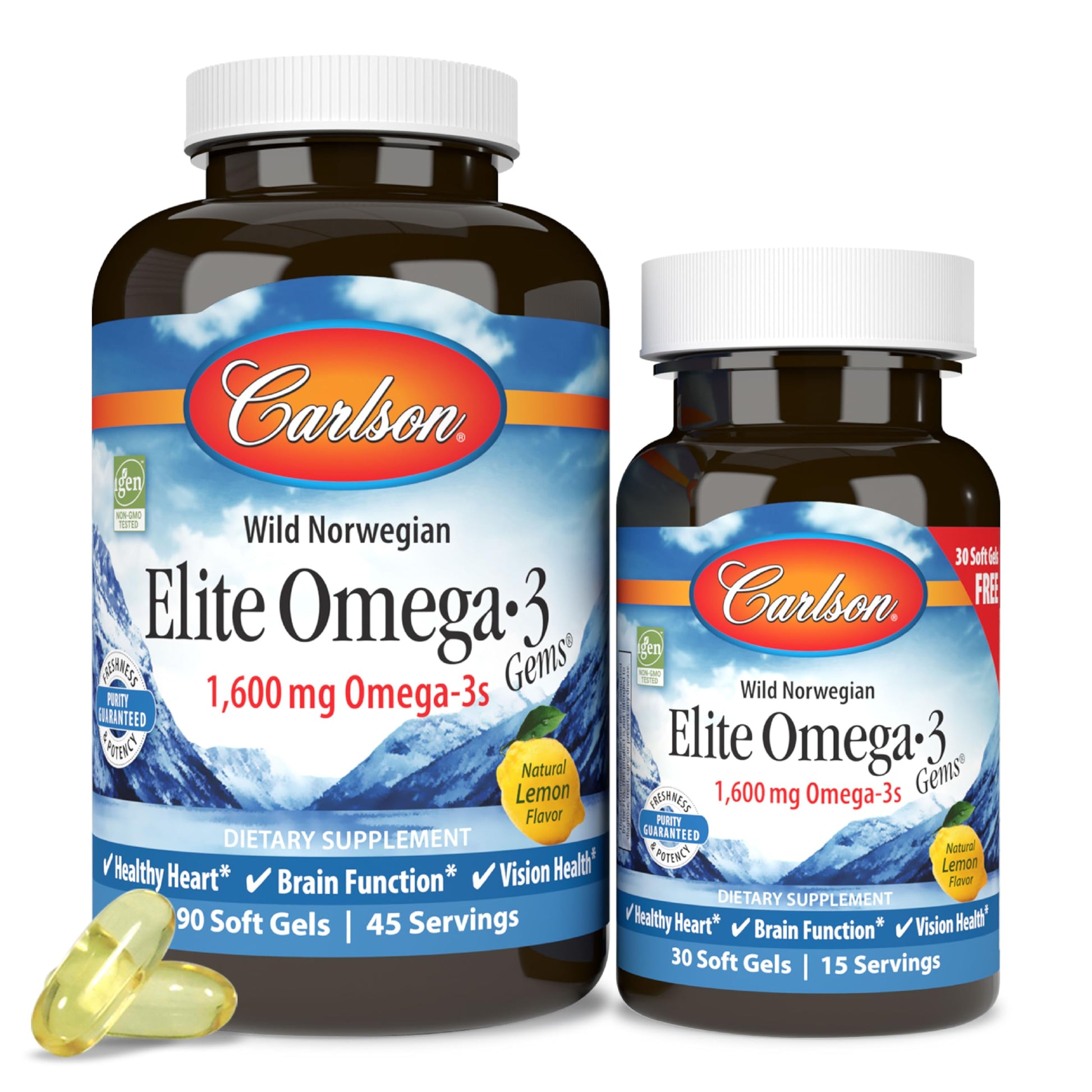 Carlson Elite Omega-3 Gems 1600 mg Omega 3 Fatty Acids Including EPA & DHA - Norwegian, Wild-Caught Sustainably Sourced Fish Oil Supplement, Omega 3 Fish Oil Capsules Lemon - 90+30 Softgels - Medaid International
