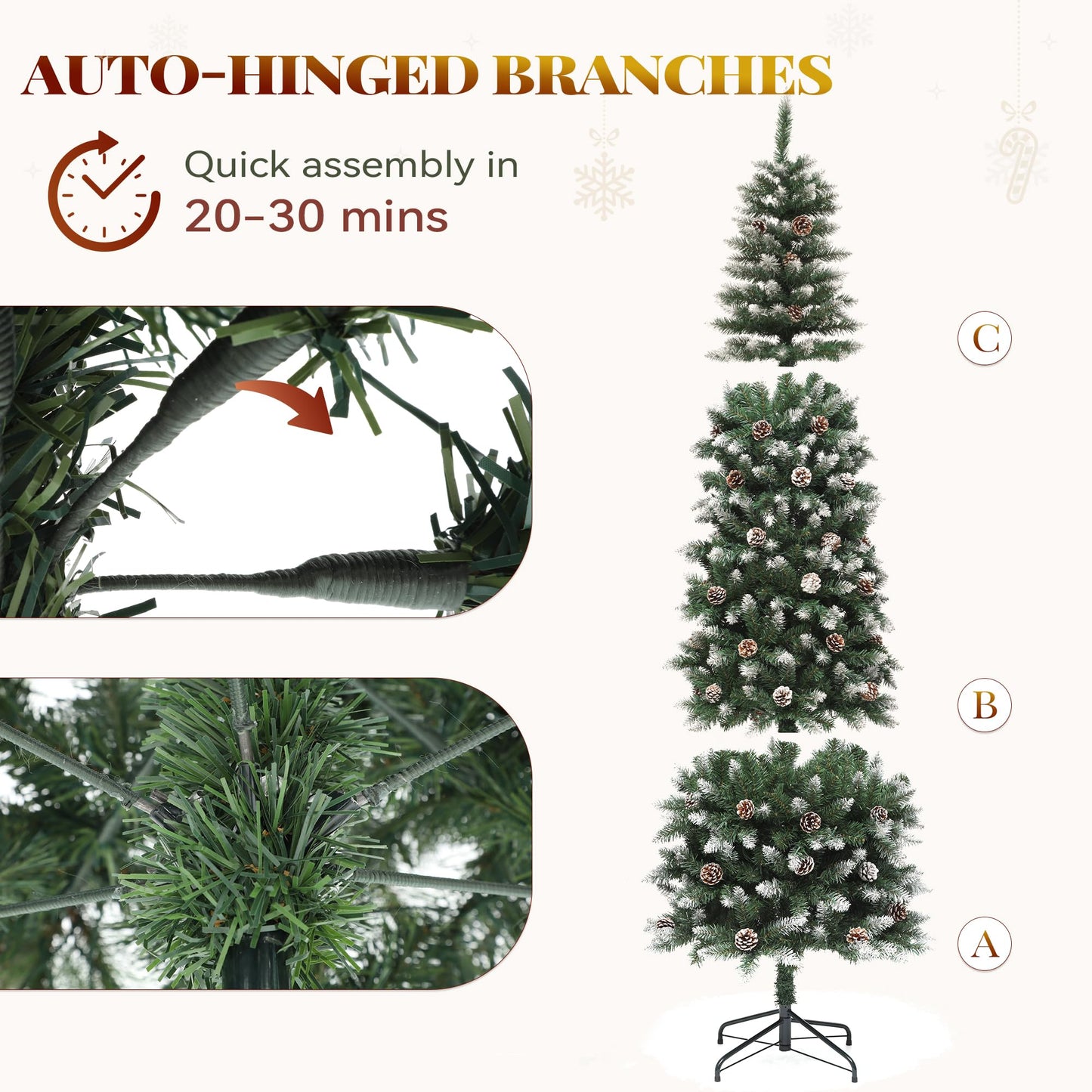 YITAHOME 6FT Pre-Decorated Pencil Christmas Tree w/Remote, Partially Flocked & Frosted Slim Prelit Artificial Hinged Xmas Tree w/ 618 Tips, 50 Pine Cones, 250 Warmwhite & Multi-Color Lights, 11 Modes - Medaid International