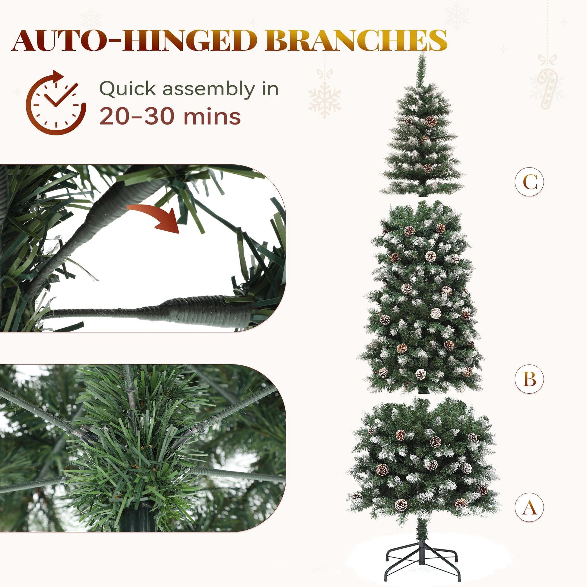 YITAHOME 6FT Pre-Decorated Pencil Christmas Tree w/Remote, Partially Flocked & Frosted Slim Prelit Artificial Hinged Xmas Tree w/ 618 Tips, 50 Pine Cones, 250 Warmwhite & Multi-Color Lights, 11 Modes - Medaid International