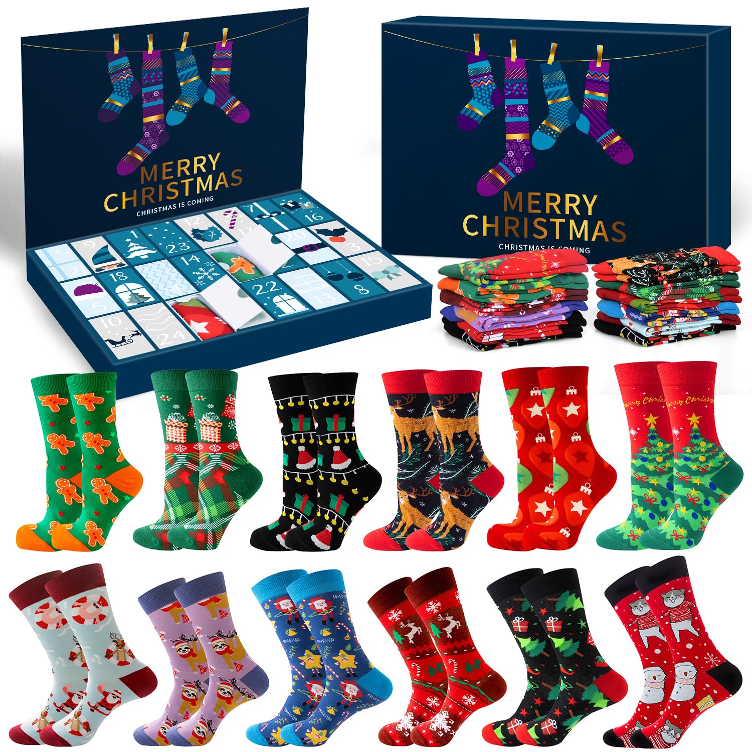 MOVINPE Socks Advent Calendar for Adults Men Women, 12 Pair of Christmas Crew Socks Funny Sock Countdown to 2025 Christmas, 24 Days Surprise Xmas Gifts Warm Cotton Sock - Medaid International