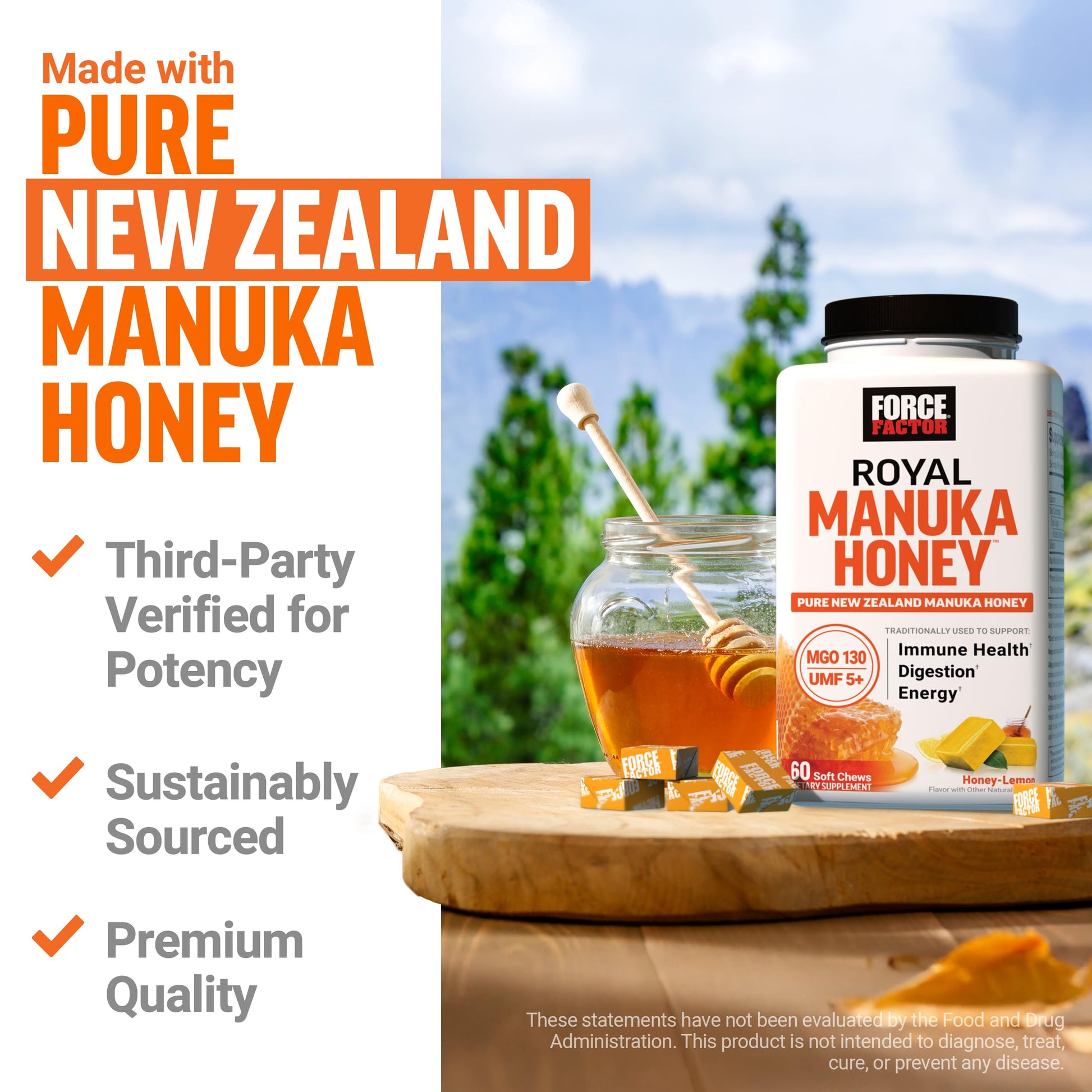 FORCE FACTOR Royal Manuka Honey, Pure New Zealand Manuka, Support Immune Health, Digestion & Energy, MGO 130, UMF 5+, Sustainably Sourced, Honey-Lemon, 60 Soft Chews - Medaid International