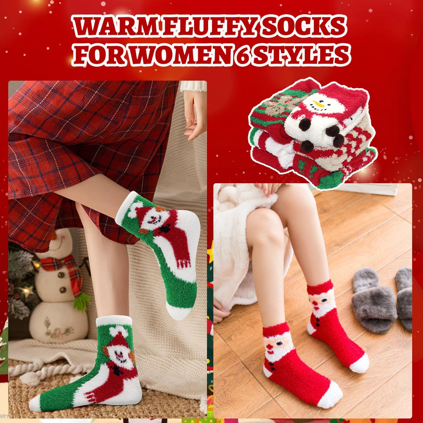 Fuzzy Christmas Socks - 6 Pairs Cozy Warm Fluffy Plush Bed Socks for Women, Girls - Cute Coral Fleece Xmas Indoor - Medaid International