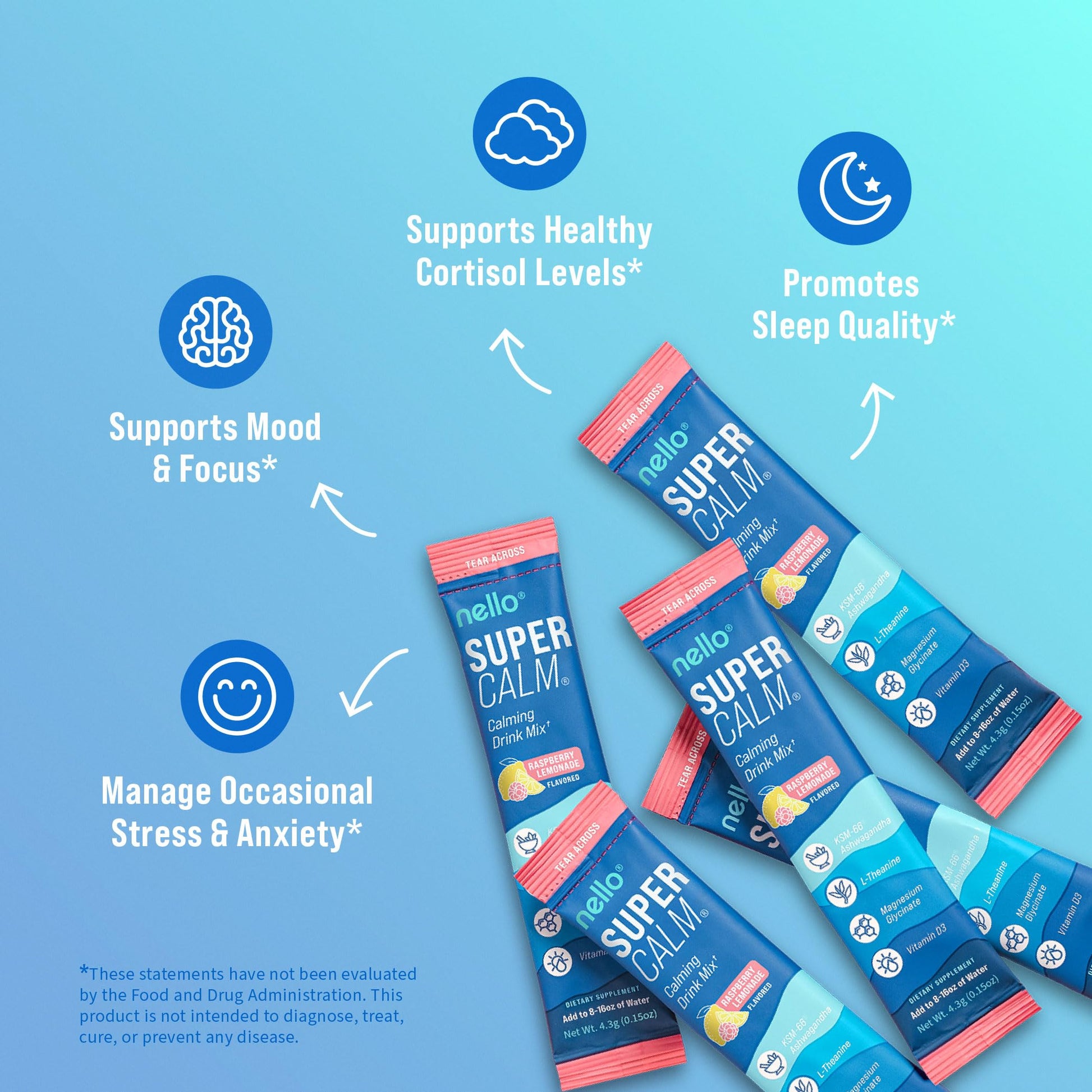 Nello Supercalm Powdered Drink Mix, Raspberry Lemonade, L Theanine, Ksm-66 Ashwagandha, Magnesium Glycinate, Vitamin D 3, Supplements for Relaxation & Focus, No Sugar, Non GMO, On The Go, 20 Ct - Medaid International