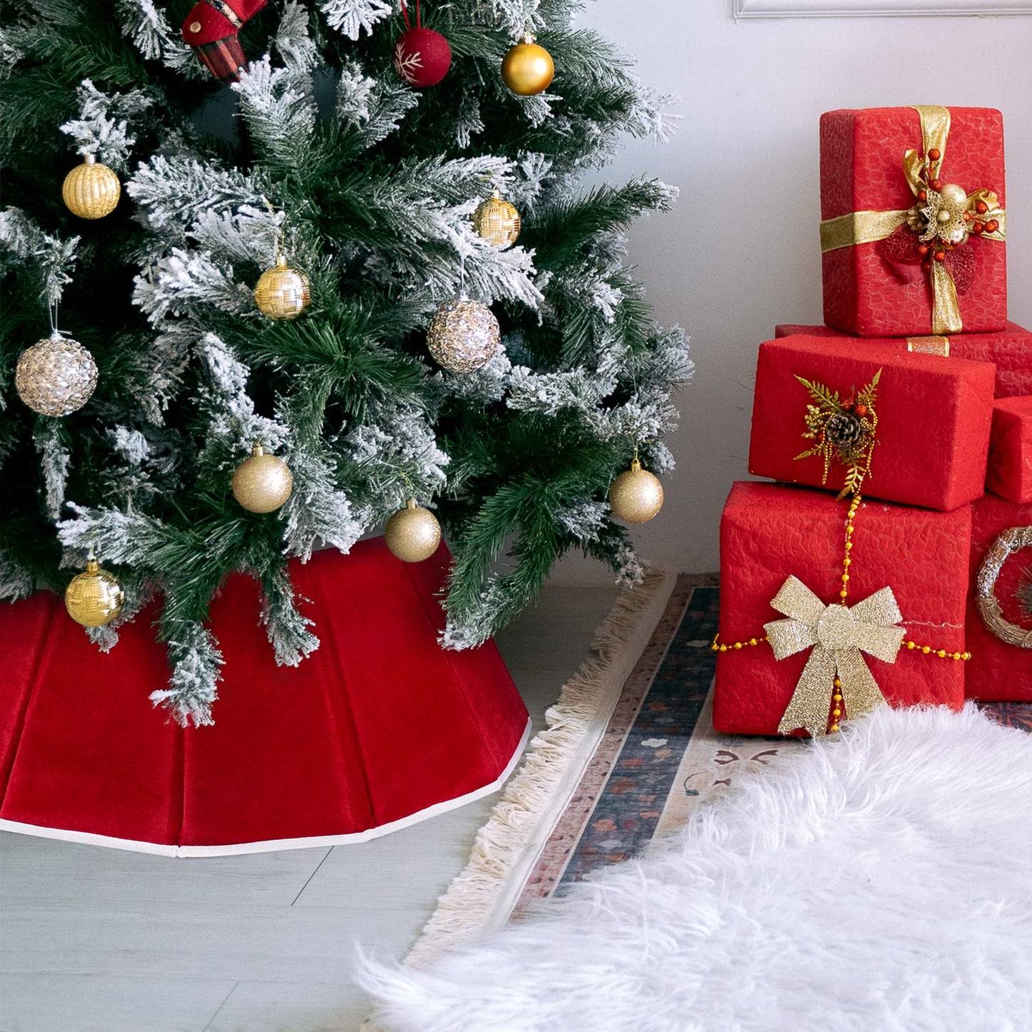 Christmas Tree Collar Red Velvet Folable Christmas Tree Ring Tree Skirt for Artificial Trees Base Stand Cover Christmas Tree Decoration - Medaid International