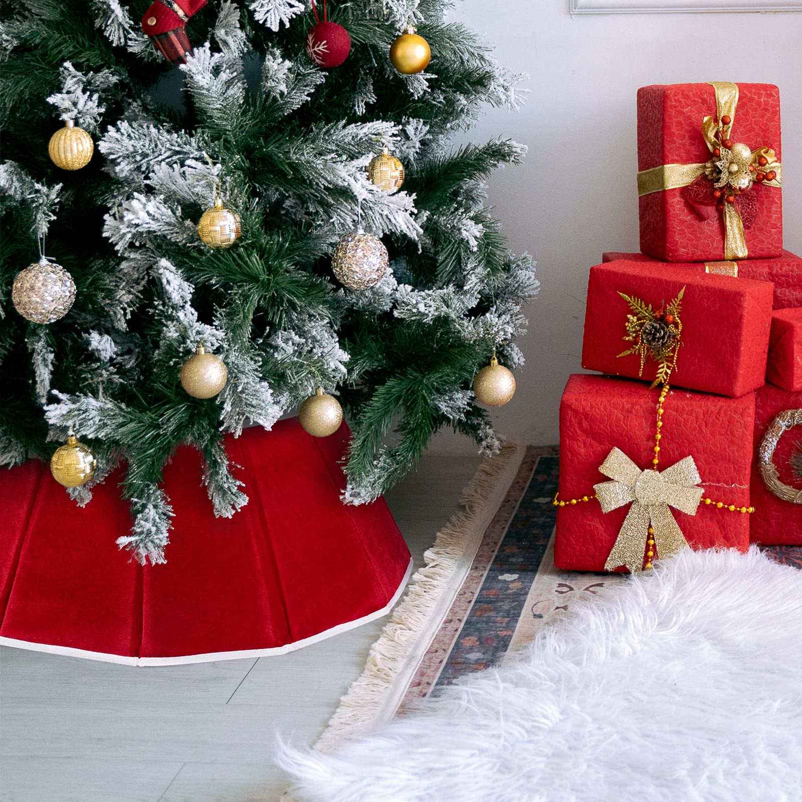 Christmas Tree Collar Red Velvet Folable Christmas Tree Ring Tree Skirt for Artificial Trees Base Stand Cover Christmas Tree Decoration - Medaid International