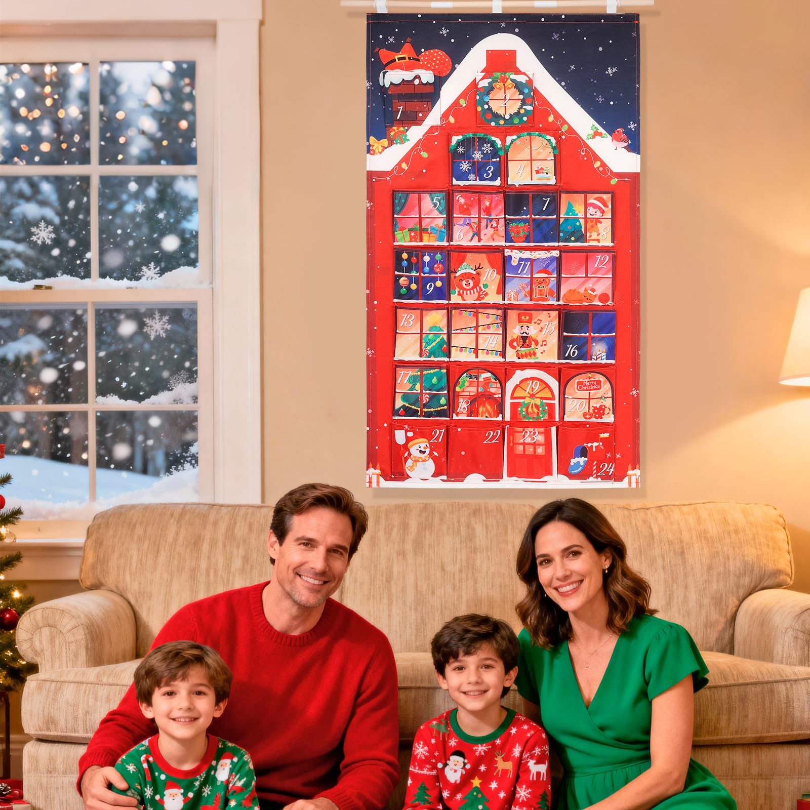 HOWAF Red House Fabric Christmas Advent Calendar with Pockets (Countdown to Christmas), 24 Days Mystery Christmas Countdown Calendar for Xmas Holiday Home Wall Decoration - Medaid International