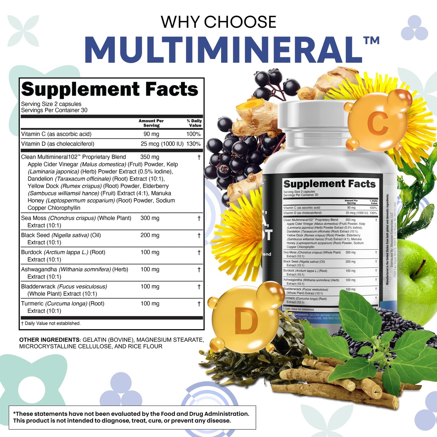 Clean Nutraceuticals Sea Moss Black Seed Oil Ashwagandha Turmeric Bladderwrack Burdock & Vitamin C Vitamin D3 with Elderberry Manuka Dandelion Yellow Dock Iodine Chlorophyll ACV - Medaid International