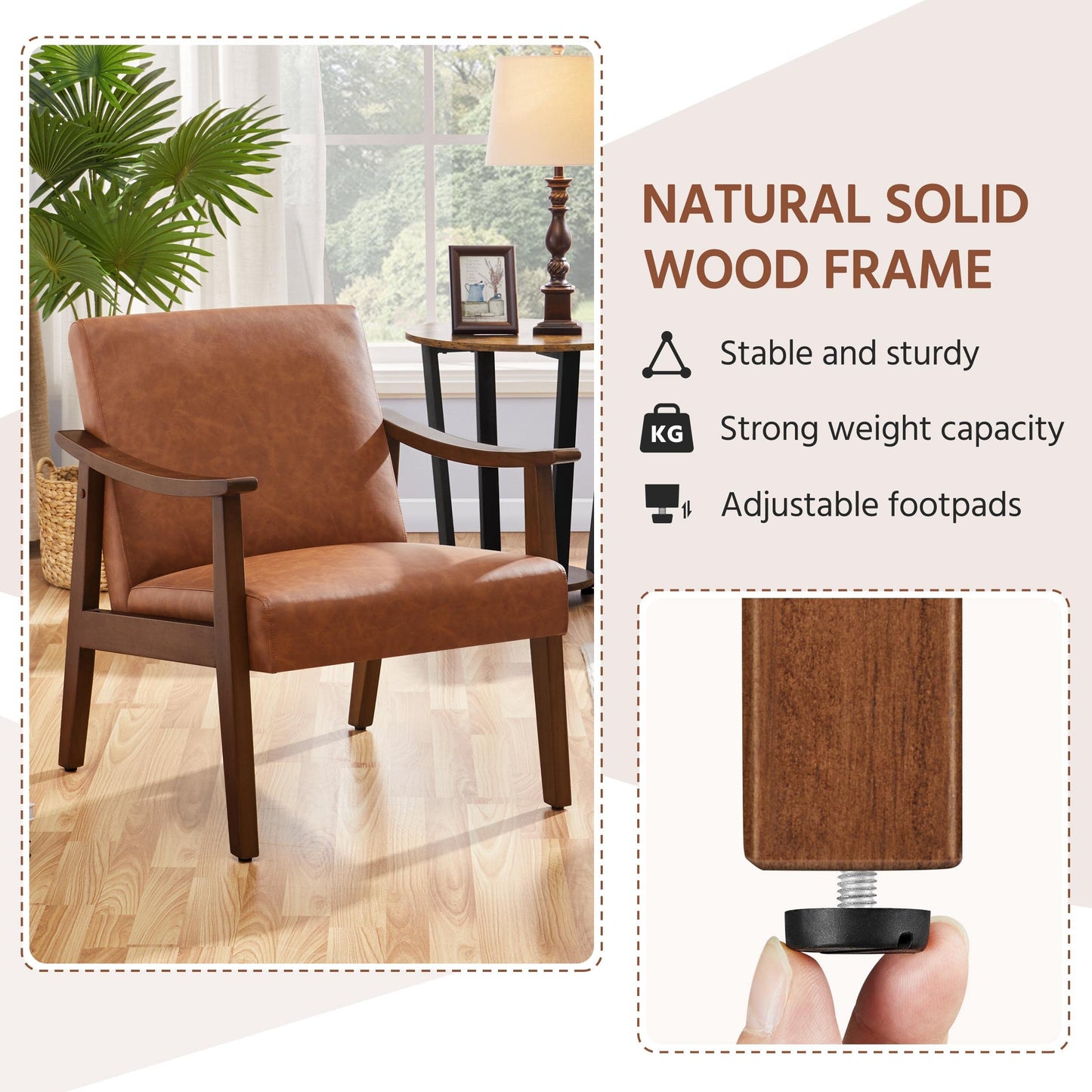 Yaheetech PU Leather Accent Chair, Mid-Century Modern Armchair with Solid Wood Legs, Reading Leisure Chair with High Back for Living Room Bedroom Waiting Room, Brown - Medaid International