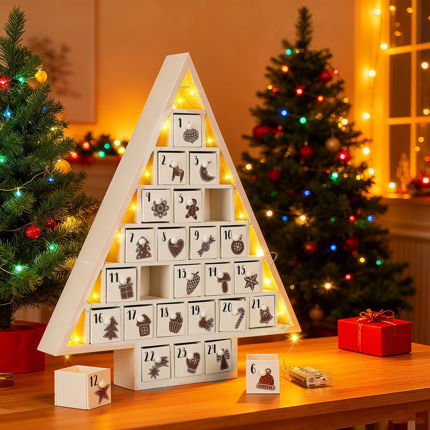 Cinnvoice LED Wooden Christmas Advent Calendar with 24 Drawers, Tree Shaped Countdown to Christmas Refillable Wooden Advent Calendar with LED Lights, Reusable Xmas Gift for Family Adults Friend, White - Medaid International