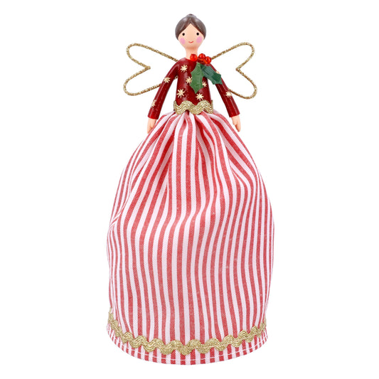 Gisela Graham Christmas Tree Topper Angel – Red & White Striped Skirt with Holly Accent, 18cm Festive Fairy Decoration - Medaid International
