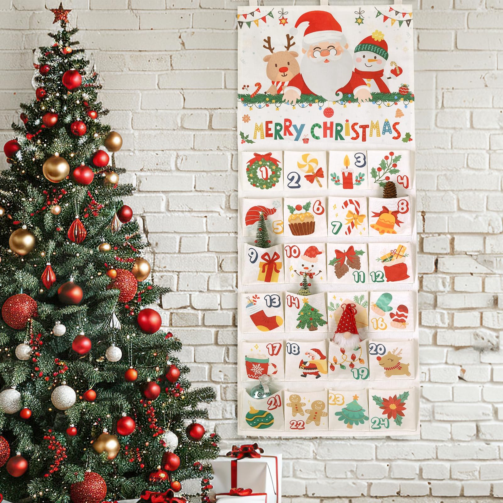 Naler Christmas Hanging Advent Calendar 2025 with 24 Pockets - 20x47 in, Empty Advent Calendar to Fill, Reusable Advent Calendar for Wall Decoration with 24 Pockets for Christmas New Year Party - Medaid International